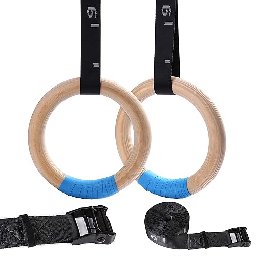 YOELVN Wood Gymnastic Rings with Adjustable Number Suspension Trainer Straps with Cam Buckle 15ft Olympic Rings 32/28mm Heavy Duty 1543/992lbs for Pull Up Bar Workout Exercise Gym Hanging Rings Indoor - 28mm ring + straps