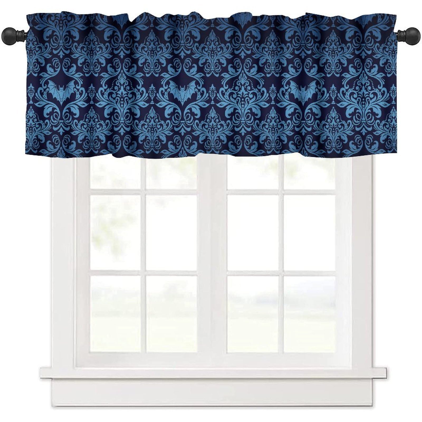 moderw Blue Damask Gothic Vintage Window Valance Curtains Antique Floral Victorian Goth Window Treatments Bat Bats Skulls Bone Bohemian Valance Curtain for Farmhouse Living Room Kitchen 54x18inch