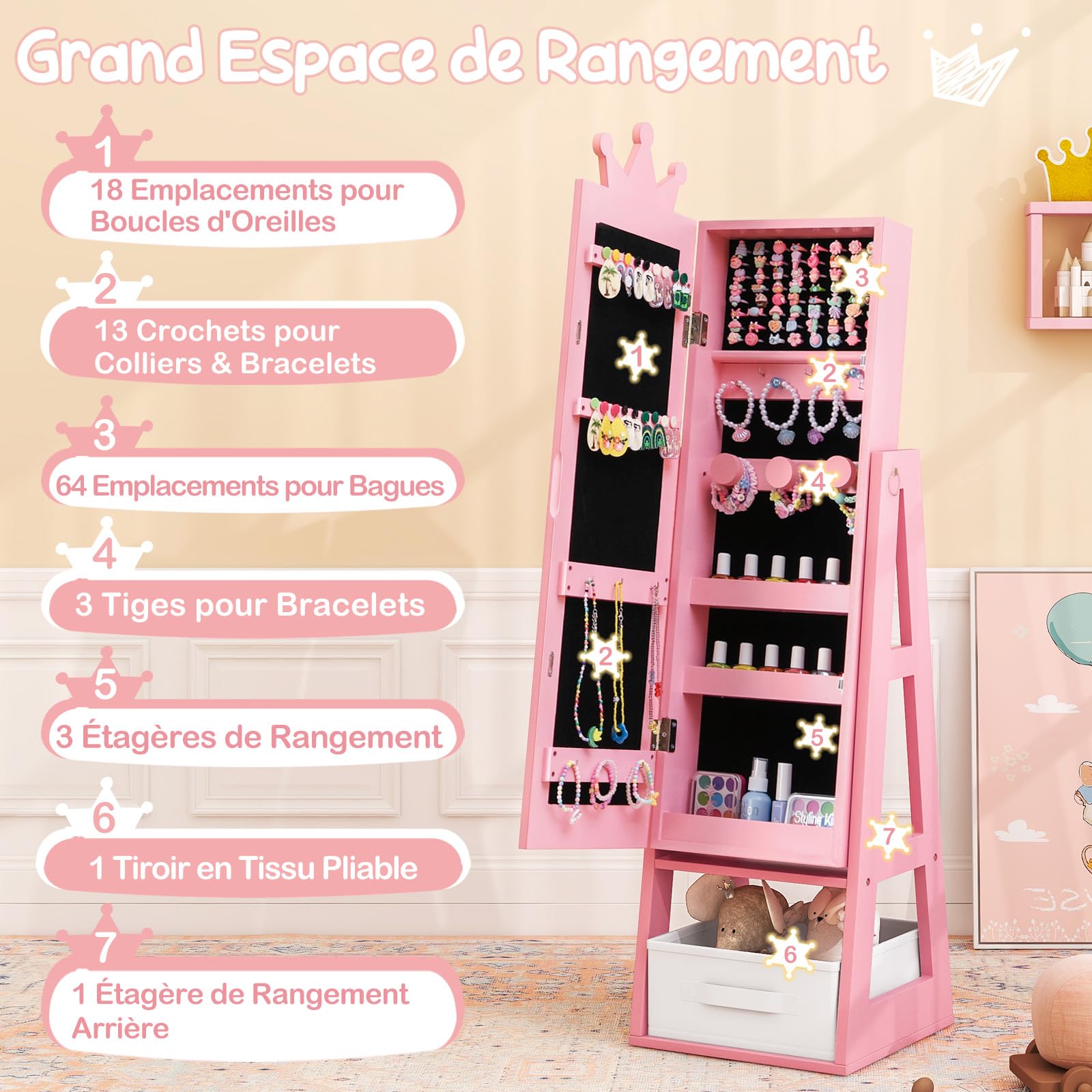 DREAMADE 3 en 1 Armoire à Bijoux Enfants en Bois,Organisateur de Bijoux Enfant avec Miroir Pleine Longueur,Tiroir Pliable,Anti-Bascule,Crochets,Meuble sur Pied Motif Couronne pour Filles (Rose)