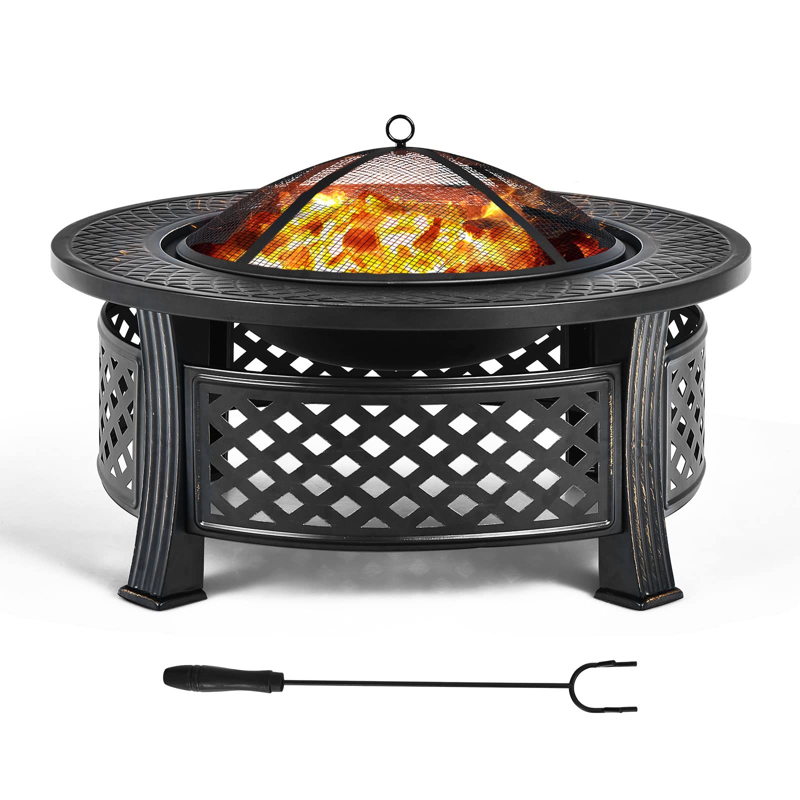 COSTWAY Feuerschale, Feuerstelle mit Grillrost, φ 81cm Feuerkorb mit Funkenschutz, Feuerschale für den Garten, inkl. Schürhaken, für für BBQ, Picknicks & Lagerfeuer