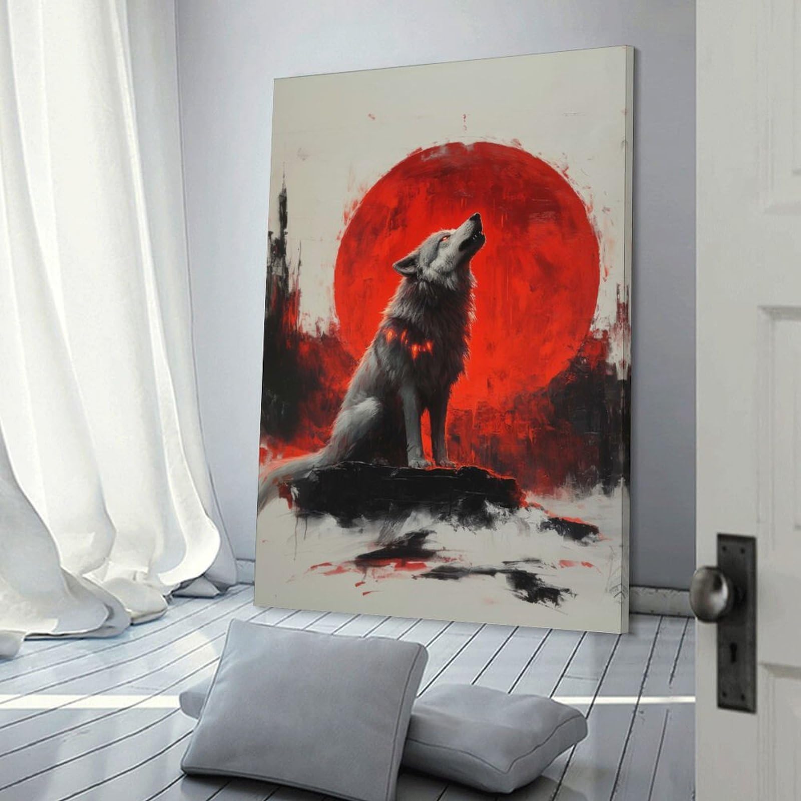 Junmoney Frame-Style-4 Decorative Wall Artwork Wolf Howling At Red Moon, 24X36inch(60X90cm), For New Homes, Bedrooms Or Workspaces, Canvas Artwork With Gifting Potential