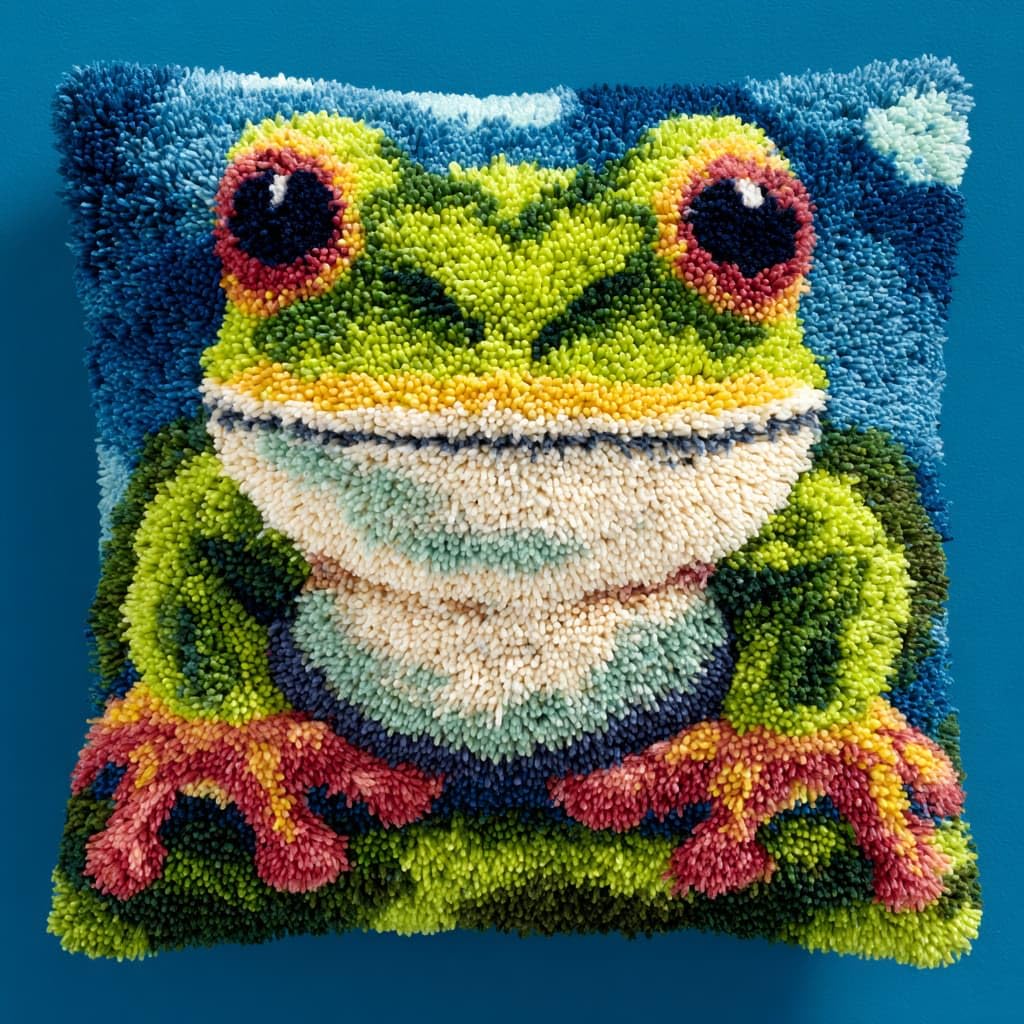 Taxpy Latch Hook Pillow Case Embroidery Kits, Animal Frog DIY Needlework Latch Hook Cushion Cover Kits,Sofa Cushion Cover,17x17inch