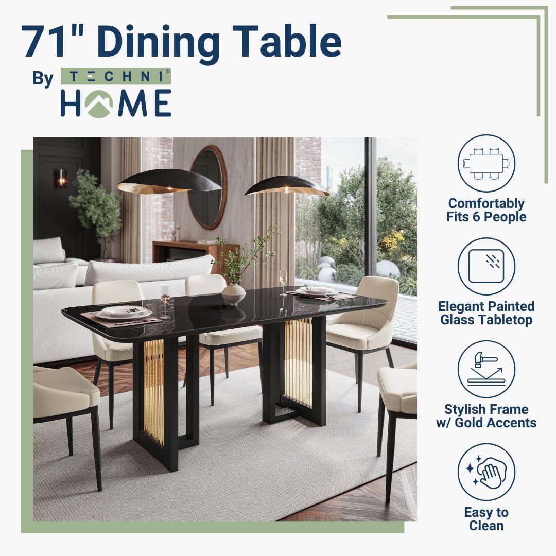 Modern Black Dining Table for 6 with Painted Glass Top and Gold Accents, Stylish and Elegant Design for Contemporary Dining Rooms, Black & Gold