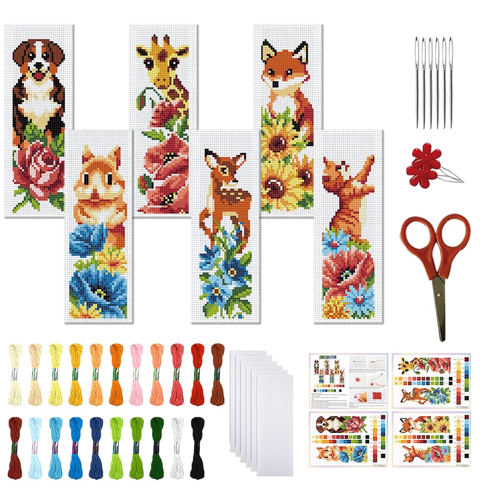 FREEBLOSS 6 Pcs de Marque-Pages au Point de Croix Kit 11 CT Animaux et Fleurs Point de Croix Kit Complet Kits de Signet DIY Adulte Débutants avec Instructions, 6 x 20 cm