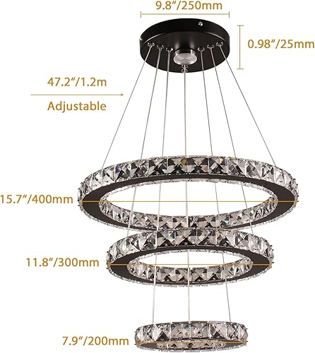 Miniatura 7 de diisunbihuo Lámparas LED de cristal regulables de color negro moderno con 3 anillos de luz colgante de altura ajustable para comedor, dormitorio,