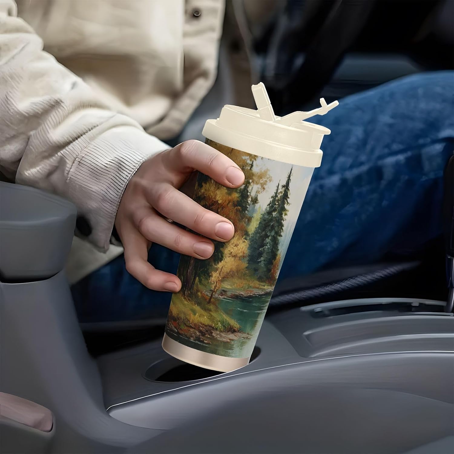 Landscape Fall Art Insulated Coffee Mug with Straw & Flip Lid, 16.9oz Iced Tumbler Cup, Double Wall Vacuum Mug for Travel Office