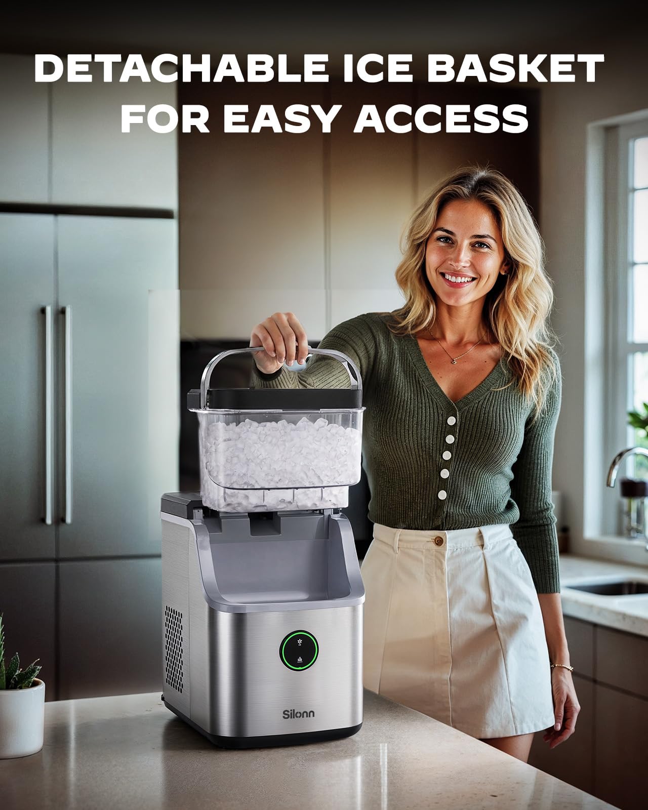Silonn Nugget Ice Maker Countertop, Ice Basket with Handle, Quiet Operation & Self Cleaning Ice Machine, Chewable Ice, 33 lbs/24H, Portable Pellet Ice Maker with Scoop for Home, Kitchen and Office view 2