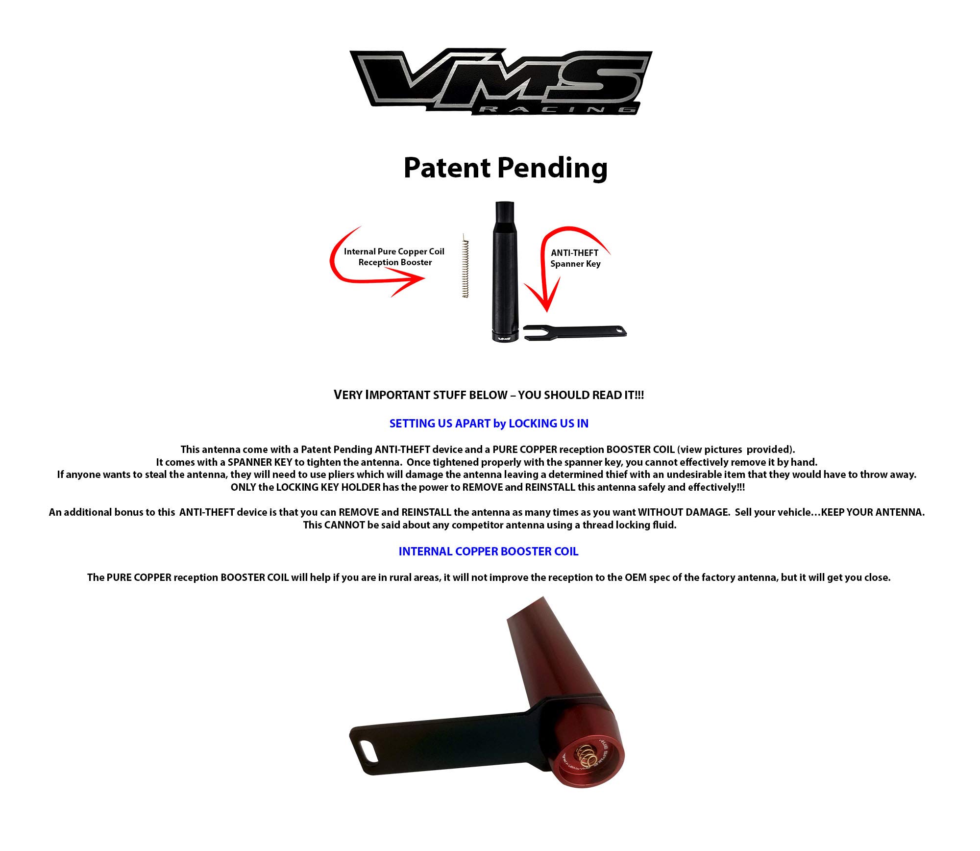 VMS RACING 50 CAL Caliber BLACK BULLET ANTENNA with ANTI-THEFT + COPPER COIL in Heavy Gauge CNC Machined Billet Aluminum Short Compatible with Dodge Ram 1500 2500 3500