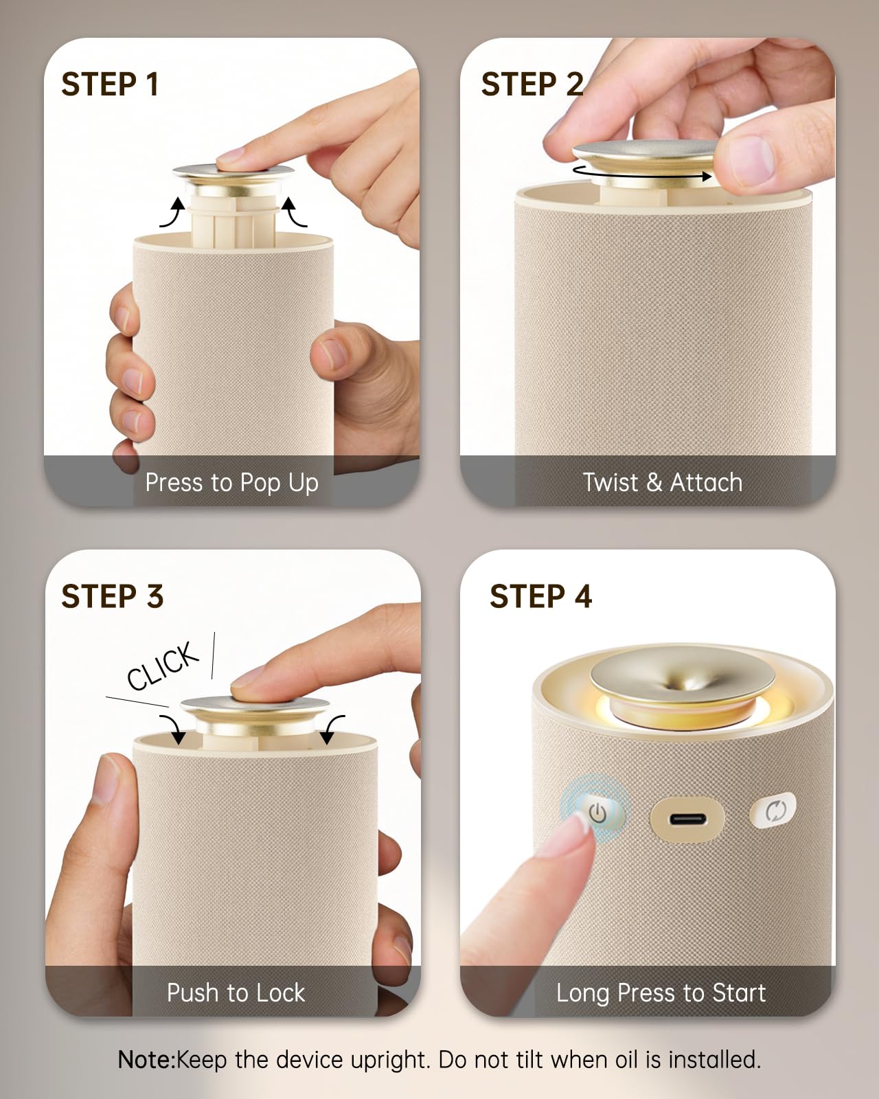 Aroma Diffuser Kabellos, Wasserloser Duftzerstäuber mit hochwertigem Stoffbezug für Ätherische Öle mit Akku & Warmlicht, Eleganter Raumduft Vernebler für Wohnzimmer & Auto (Smart Sensor)-Cremeweiß