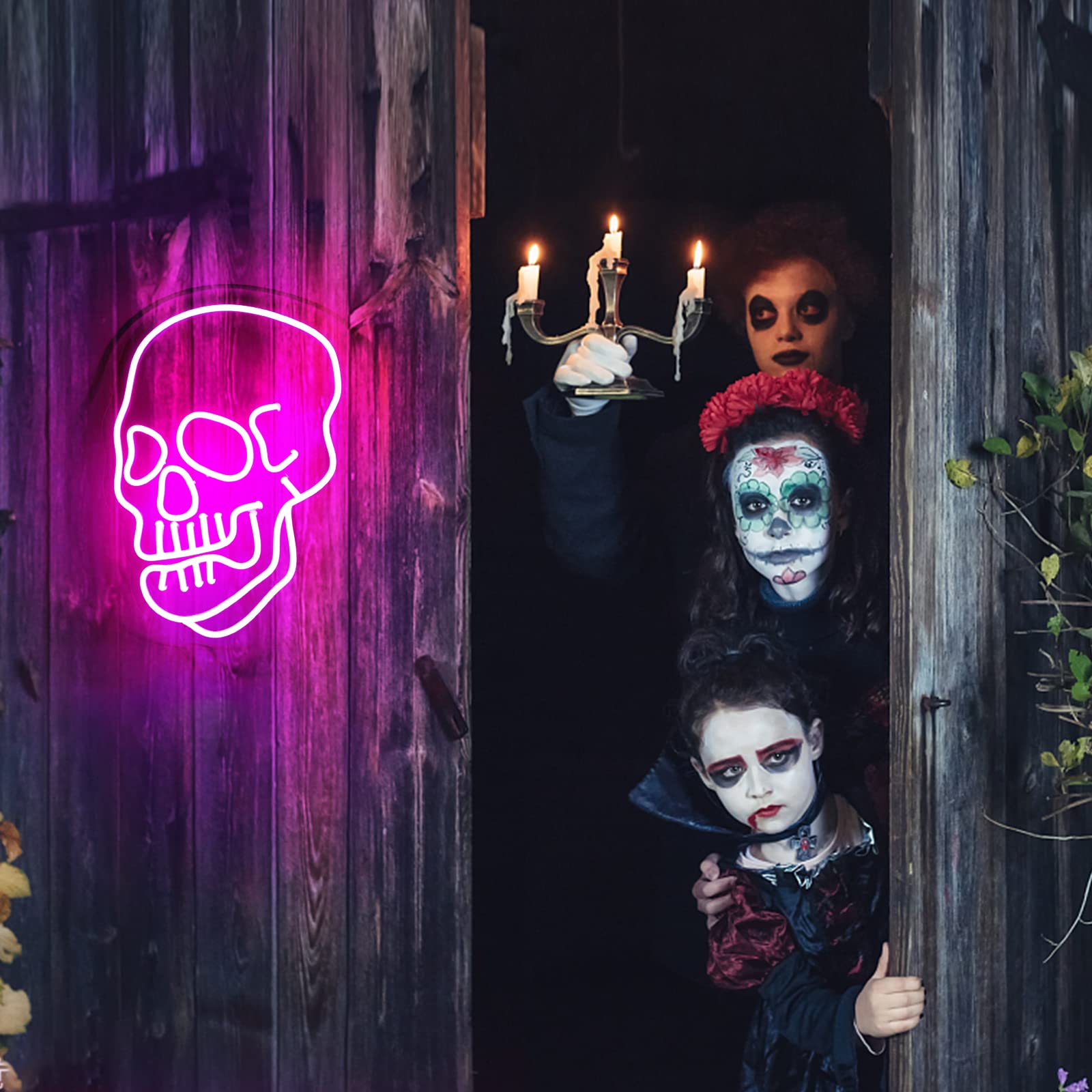 KANAYA Skull Neon Sign Halloween Decorations Usb Powered, Skeleton Ghost Wall Decor for Holiday Party Bedroom Mancave Bar Shop, Hot Pink