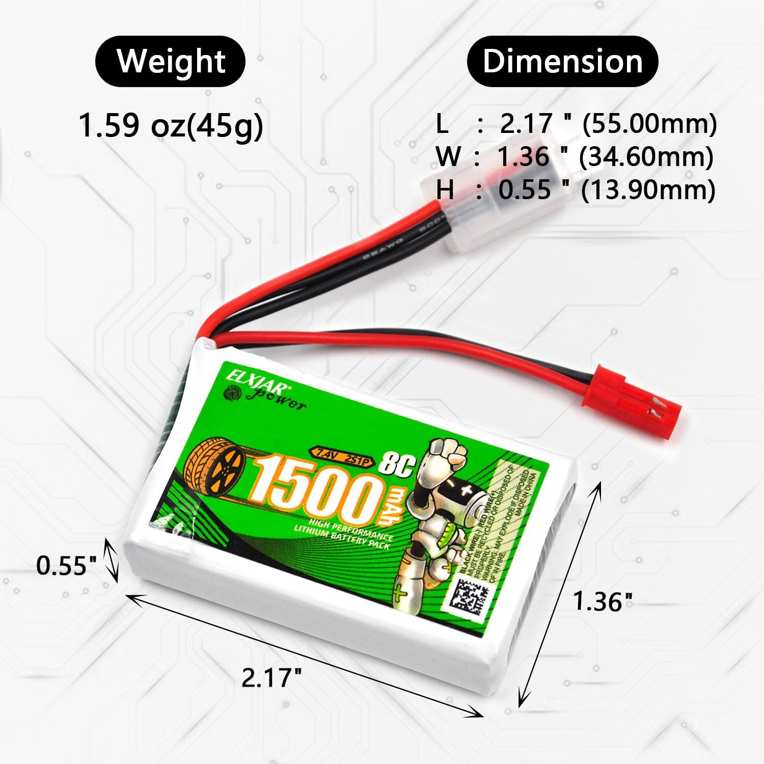 Coonyard (2-Pack) 7.4V 1500mAh Li-Po Replacement Battery for Flysky FS-GT5 2.4G 6CH Transmitter RC Remote Controller, JST Connector, USB Charger