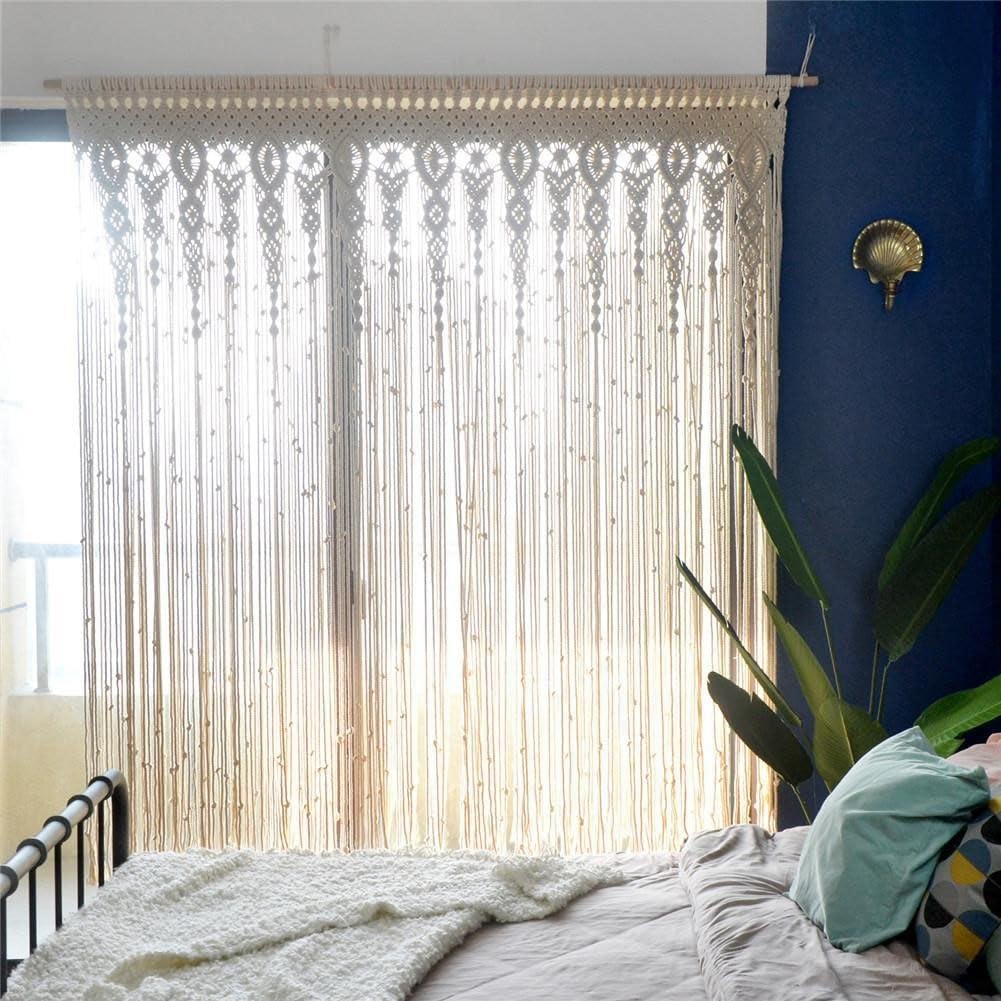 Cortina tejida para puerta de algodón, tapiz para arco de ventana, divisor de espacio estilo bohemio de encaje, decoración beige para el hogar, fondo para fiestas, estudio fotográfico para