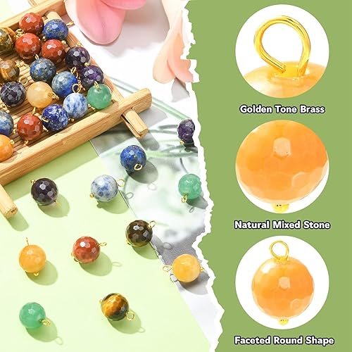 Miniatura 4 de Ipotkitt 50 dijes de piedra natural mezclada, dijes de piedras preciosas naturales facetados de chakras redondos con bucles para bricolaje,