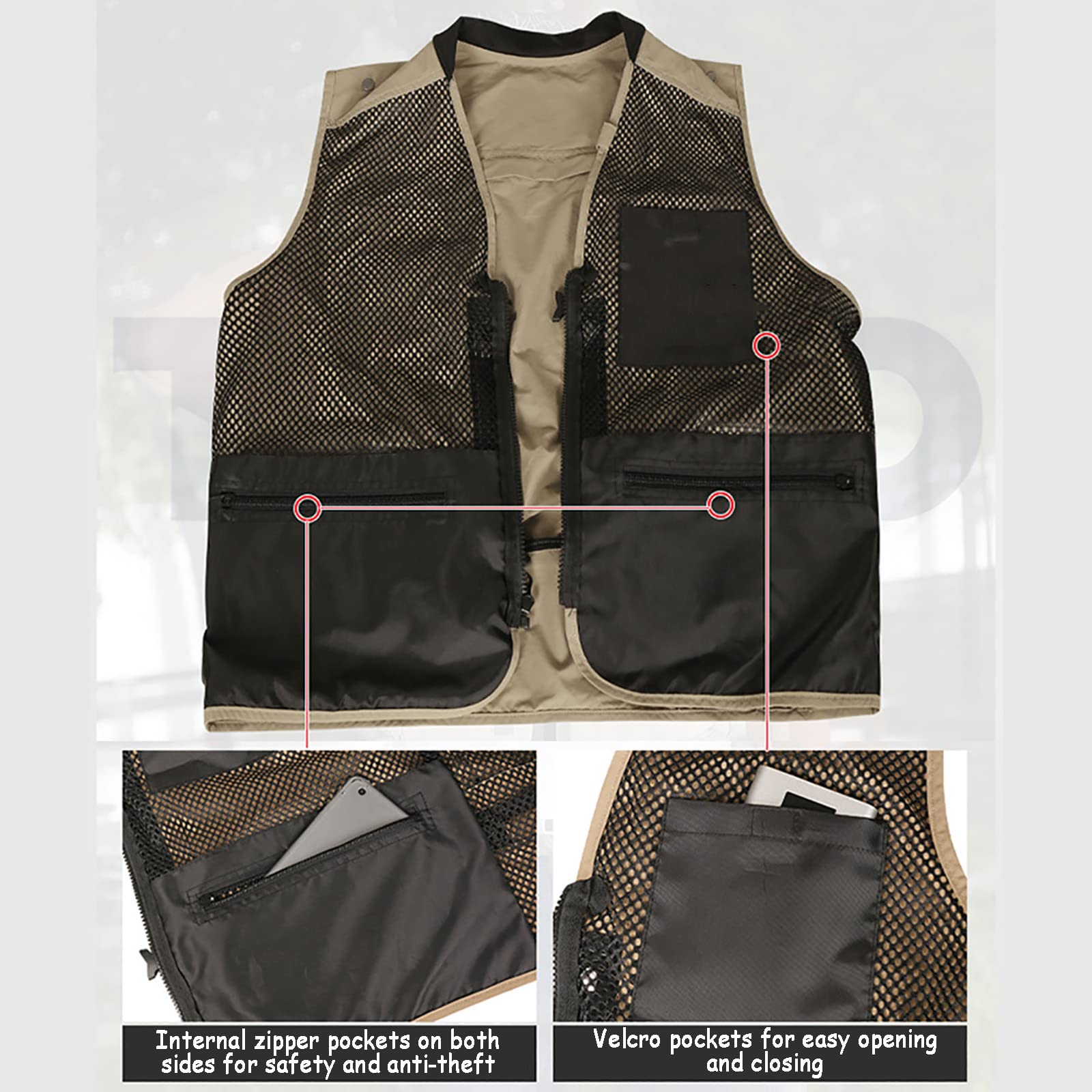Chaleco de Pesca para Hombre Transpirable Multibolsillos Exterior Fotografía Caza Senderismo Malla Chalecos(Size:3XL,Color:Caqui)