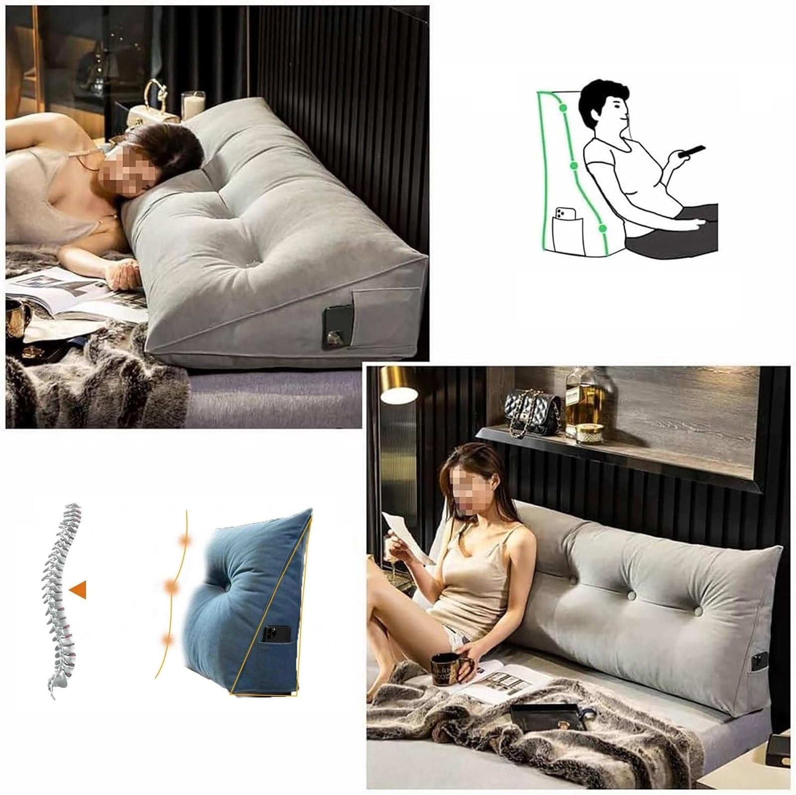 Cuscino a cuneo per testiera, versatile cuscino per la lettura a due letti con fodera rimovibile e tasca laterale, grande cuscino triangolare a due letti per sedersi a letto(Yellow,180*50*20cm)