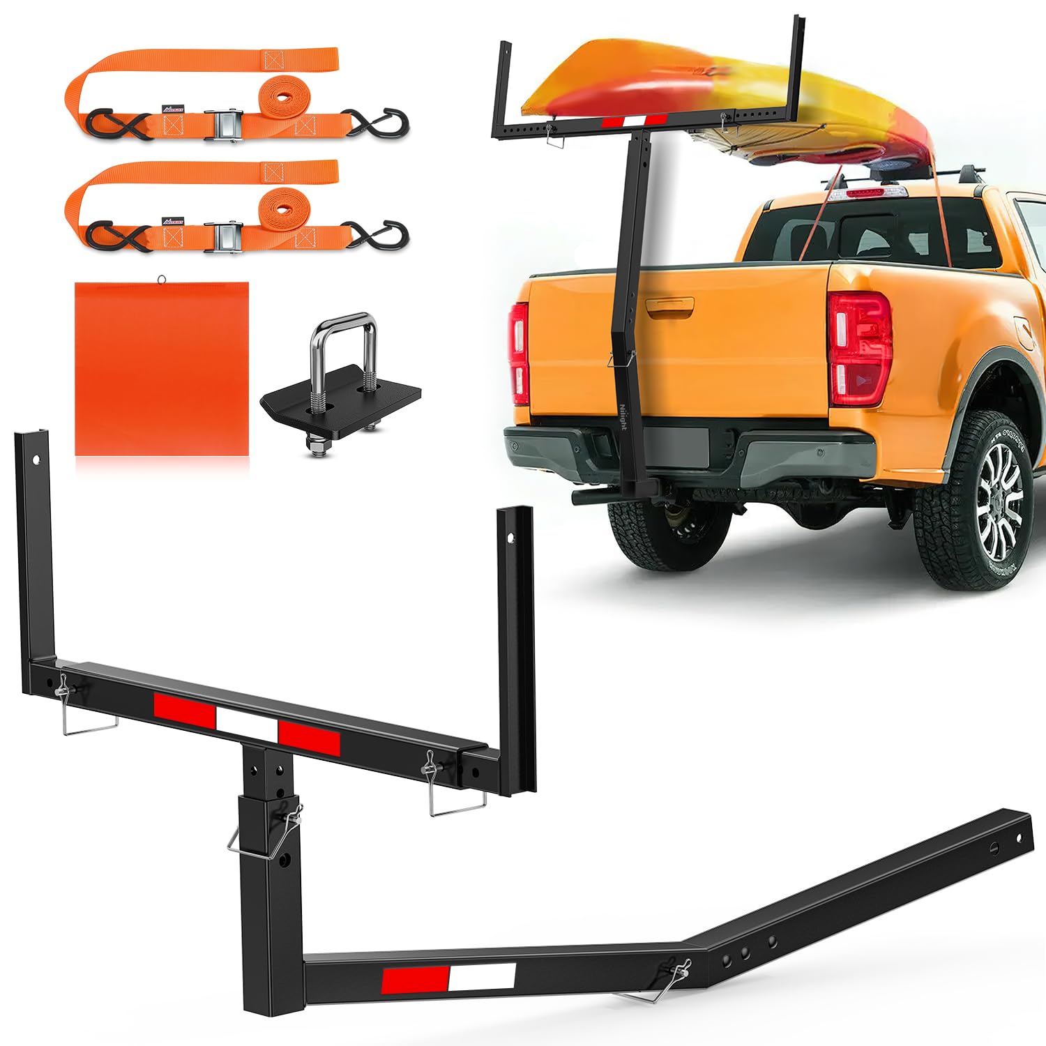 Nilight Truck Bed Extender w/Straps &amp; Receiver Tightener &amp; Flag, Fits 2-inch Hitch Receiver, 2-in 1 Pickup Hitch Mount Truck Bed Extension for Rack, SUV, Lumber, Ladder, Canoe, Boat, Kayak, Pipes