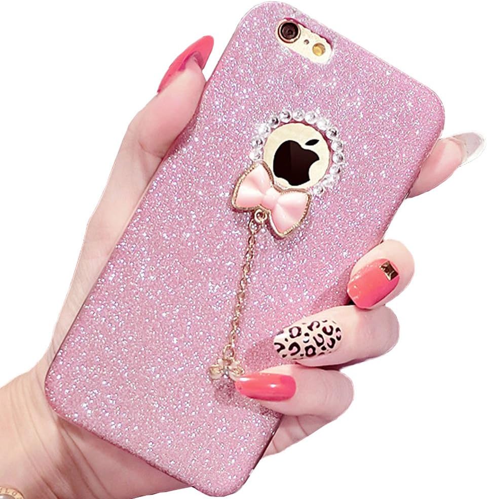 Iphone 7 plus case,I-Fashion 3D Cute Bling Glitter Rubber Case with Sparkly Crystal Rhinestones bow knot pearls pendant Charms for iphone 7 pro/7 plus Pink