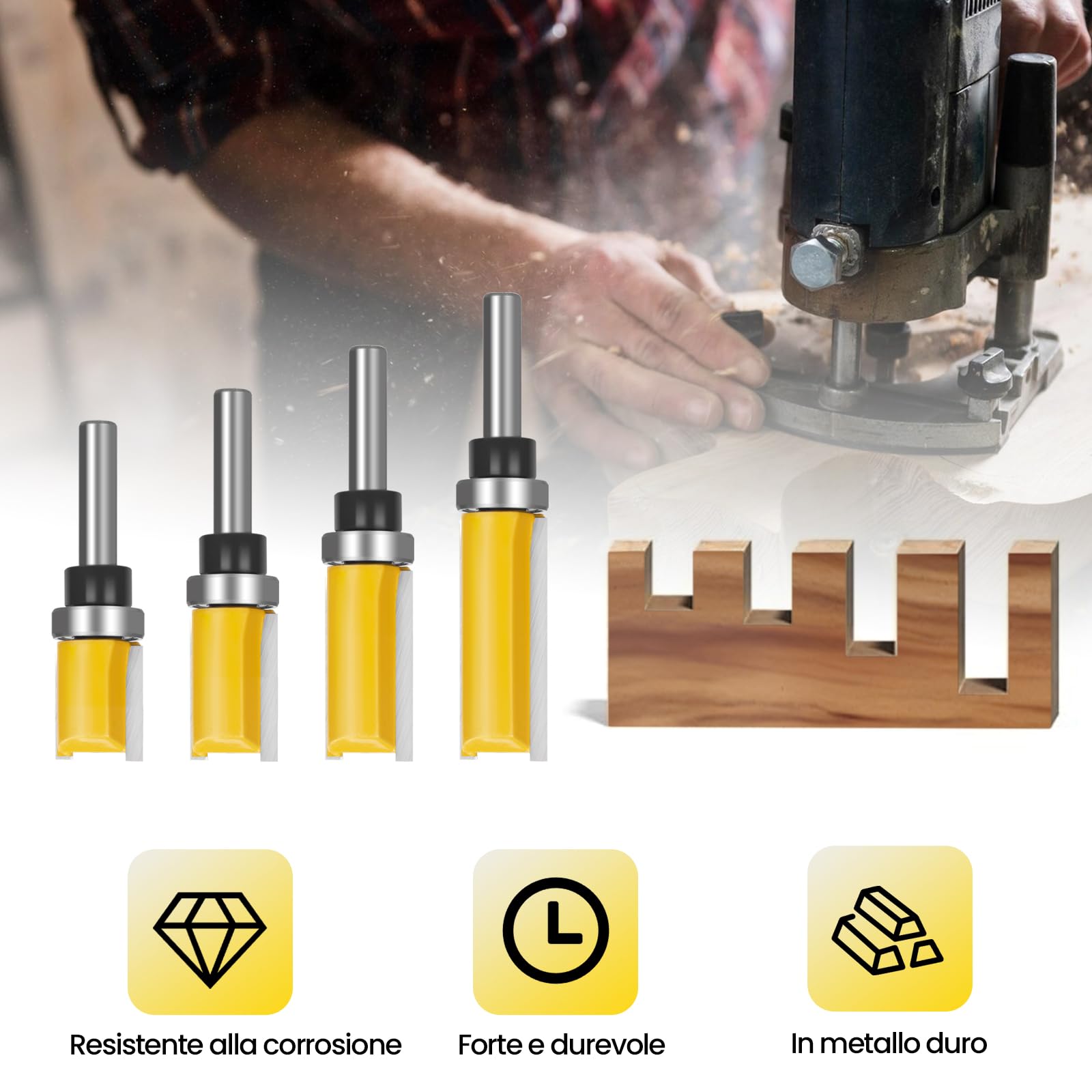 Fresa A Taglienti Diritti, 4 Pezzi Fresa Per Legno Gambo 8mm,Spianare Legno, Flauto Punta Dritta Fresa Per Lavorazione Del Legname, Lavori Fai Da Te Del