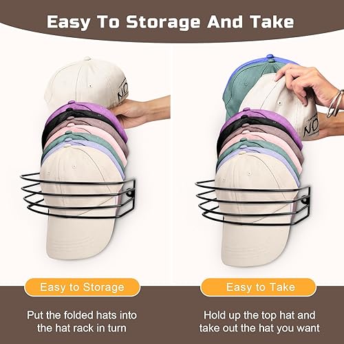 Miniatura 4 de VZZNN Paquete de 3 percheros para gorras de béisbol, organizadores de sombreros de metal para pared y puerta, ganchos negros para almacenamiento de