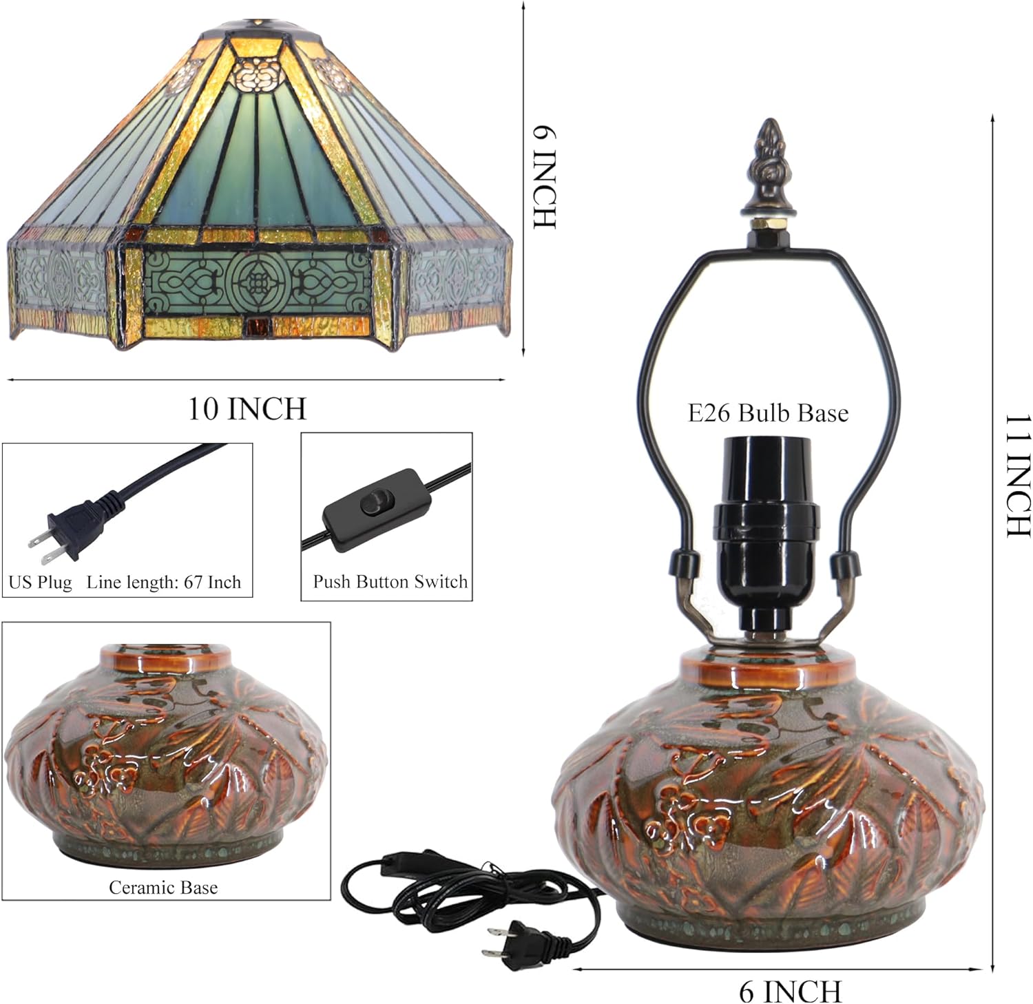 Small Tiffany Table Lamp Mini Mushroom Stained Glass Lamp Memory Sympathy lamp 10X11 Inch (Hexagon Mission Style)