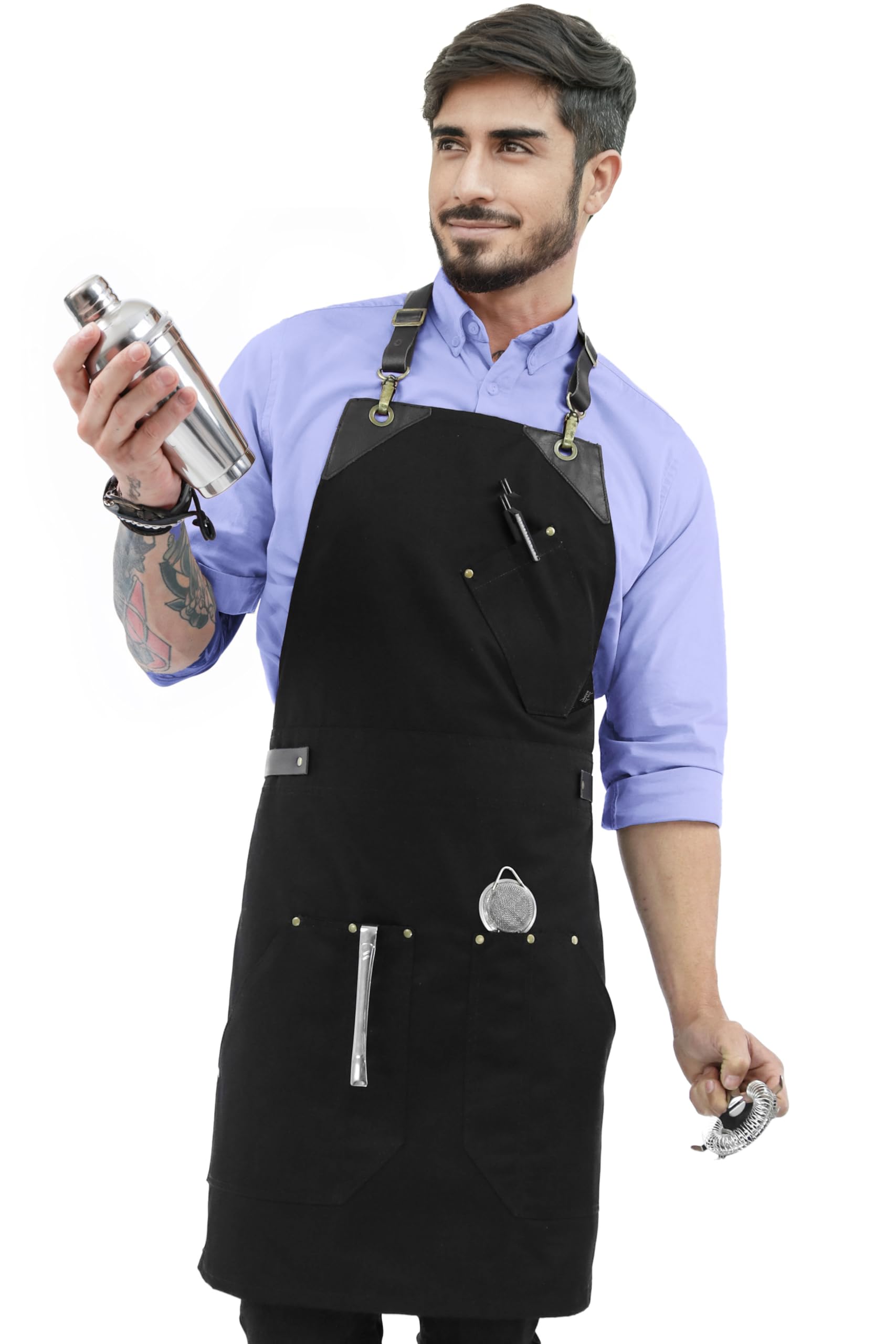 Under NY Sky Delantal de Función Doble - Sarga Negra - Correas de Cuero Negro sin Amarras - Multi Bolsillos Remachados - Hombre, Mujeres, Chef, Barista, Camarero, Barbero, Barman, Tienda, Peluquero