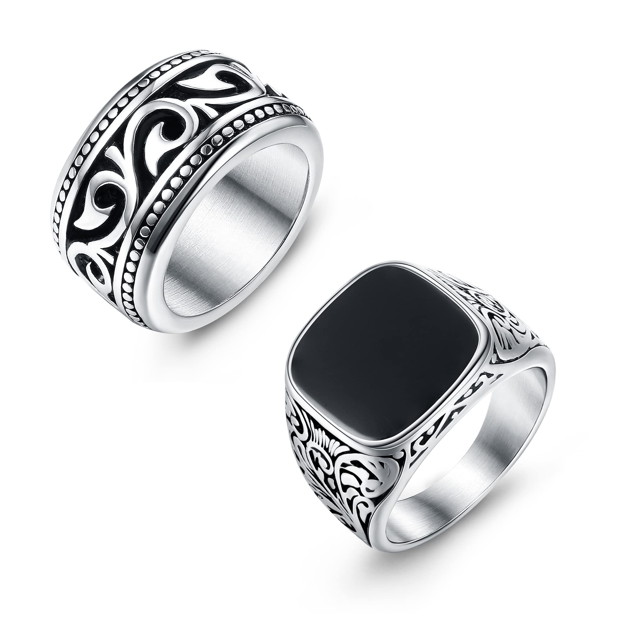 JeryWe 2 Piezas Acero Inoxidable Anillo de Sello Grande con Piedra Negra Turquesa para Hombres Vintage Biker Anillo Talla 14-27estiloB27