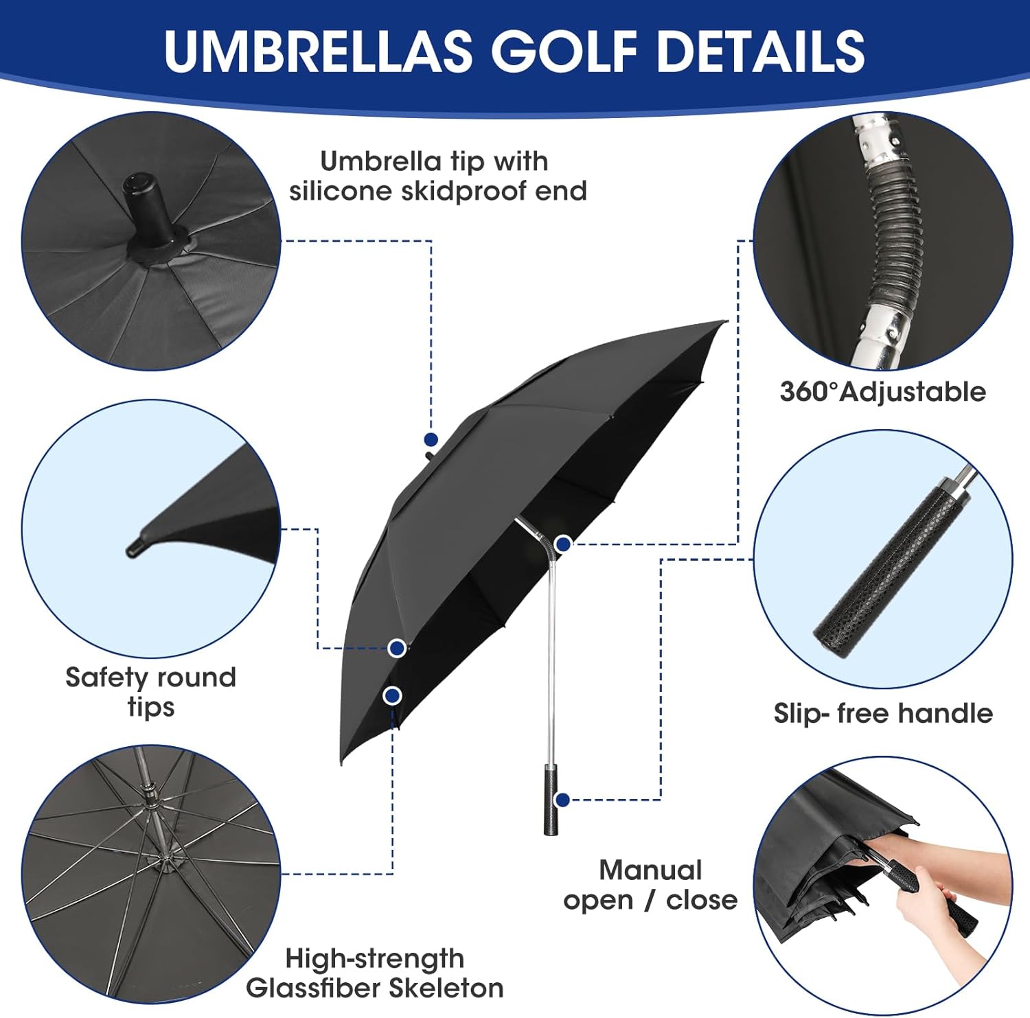 2 Pack 53.2" Double Canopy Golf Umbrellas, 360°Adjustable Golf Umbrella, Windproof Waterproof Large Umbrella for Outdoor Sports