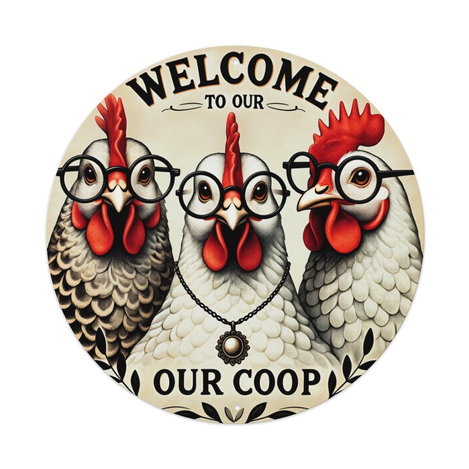 Chicken With Glasses And Necklace Round Tin Sign Retro Metal Sign for Cafe Bar Pub Home Game Room Gym Club Wall Decoration Vintage Metal Poster 8x8 Inch