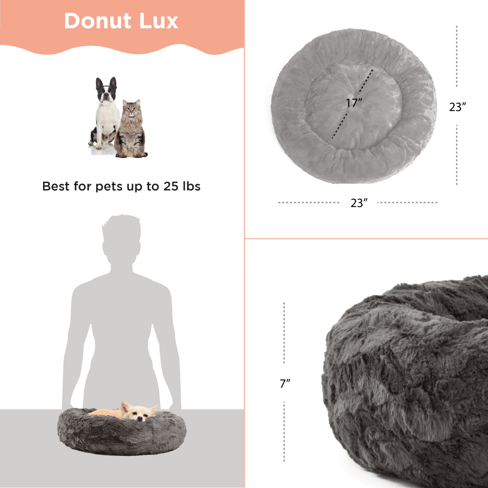 Best Friends by Sheri The Original Calming Donut Cat and Dog Bed in Lux Fur Charcoal Mink, Small 23x23