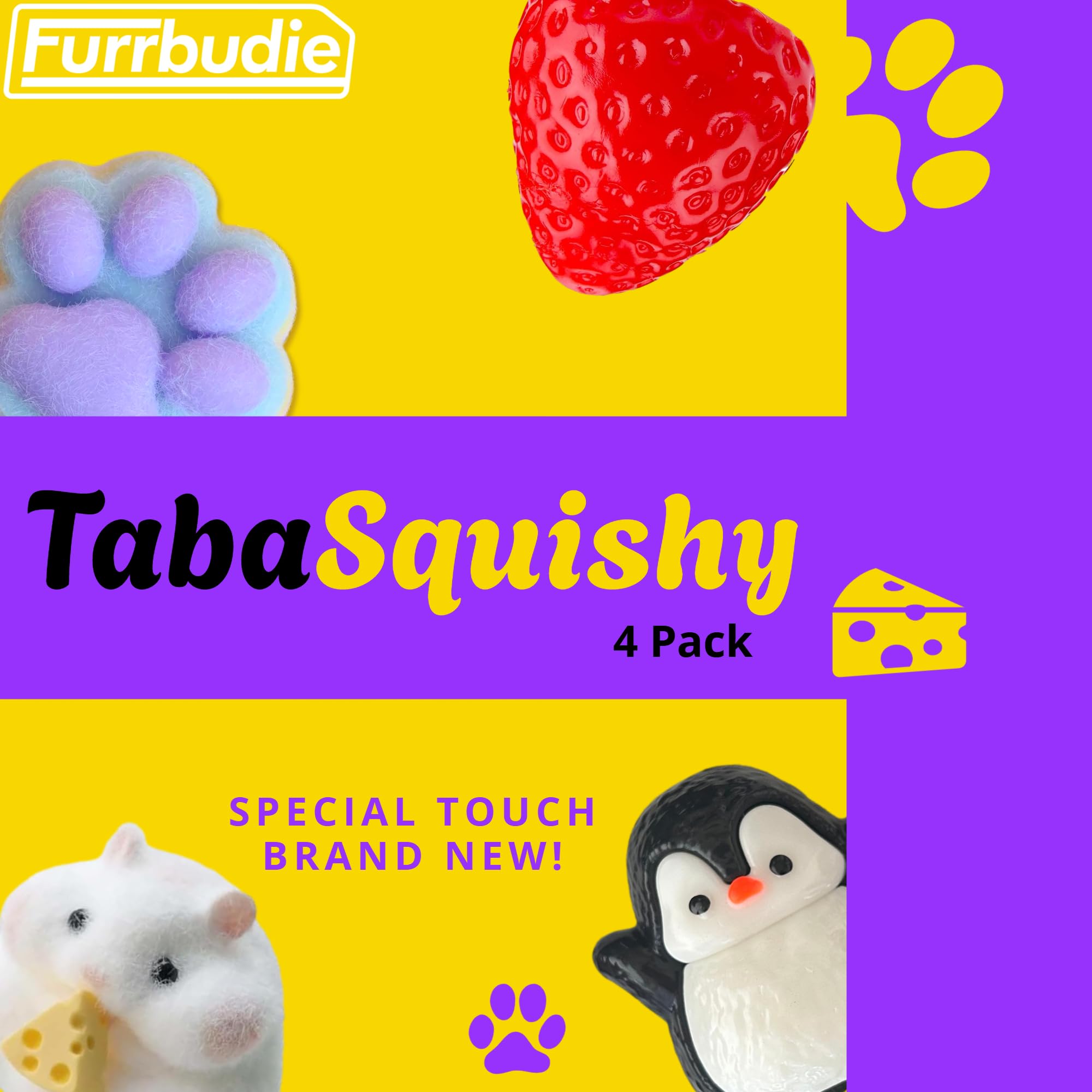 Taba Squishy Kit 4PCS - Strawberry, Hamster, Penguin & Rainbow Paw, Small - Image 3