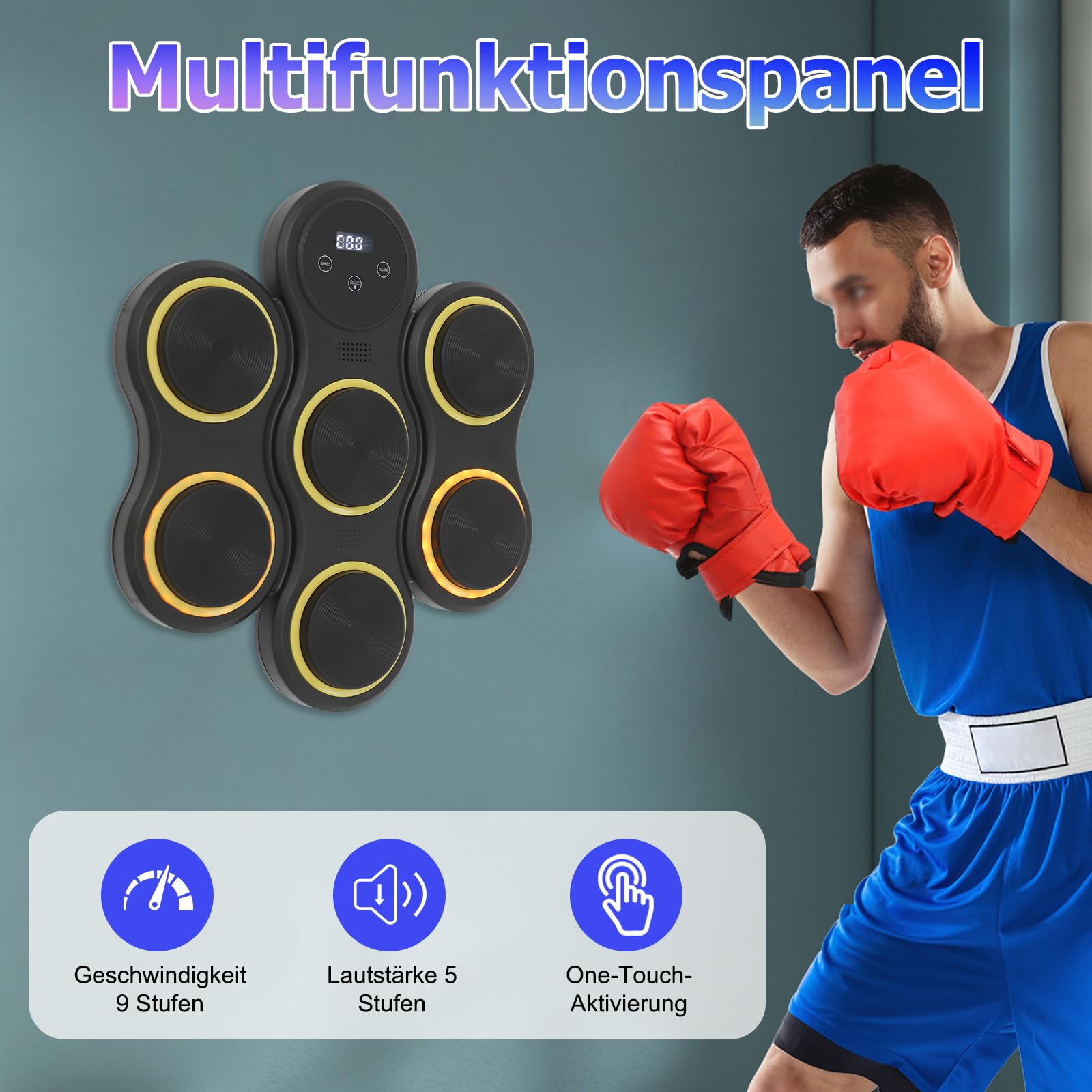 Music Boxing Machine, Macchina elettronica da boxe con musica, 2 paia di guanti da boxe, LED da parete, 9 velocità e modalità di allenamento, modalità conteggio, macchina per adulti e bambini