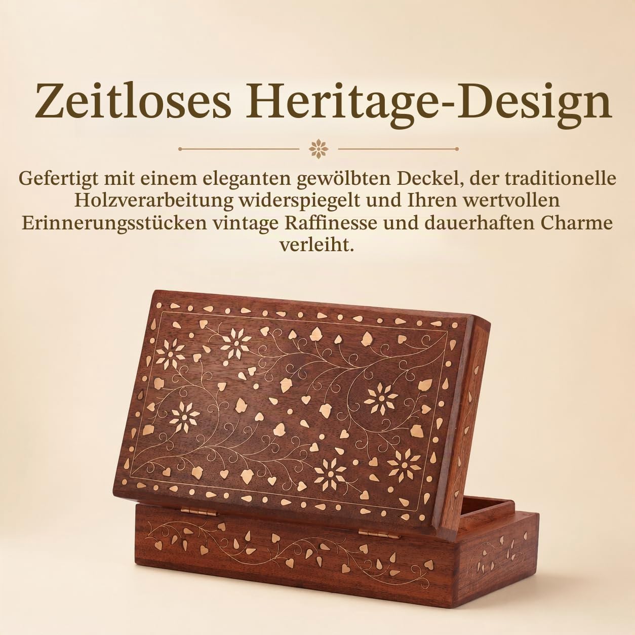 Ajuny Holz Schmuckbox Floral Messing Inlay Handgeschnitzt 8x5 Zoll Vintage