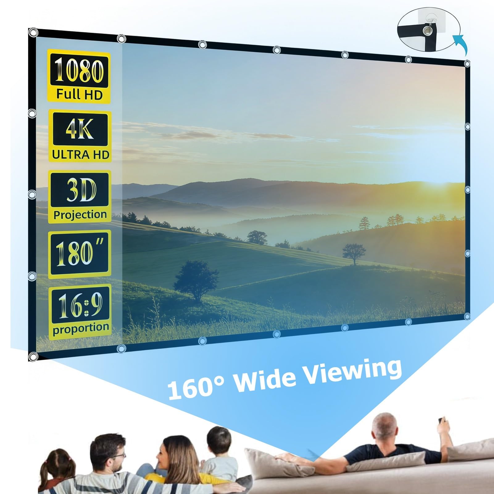 プロジェクター スクリーン 16：9 フック、ロープ付 180インチ リア可能 Amazon | 180インチ 16:9 3D フルHD 4K プロジェクタースクリーン