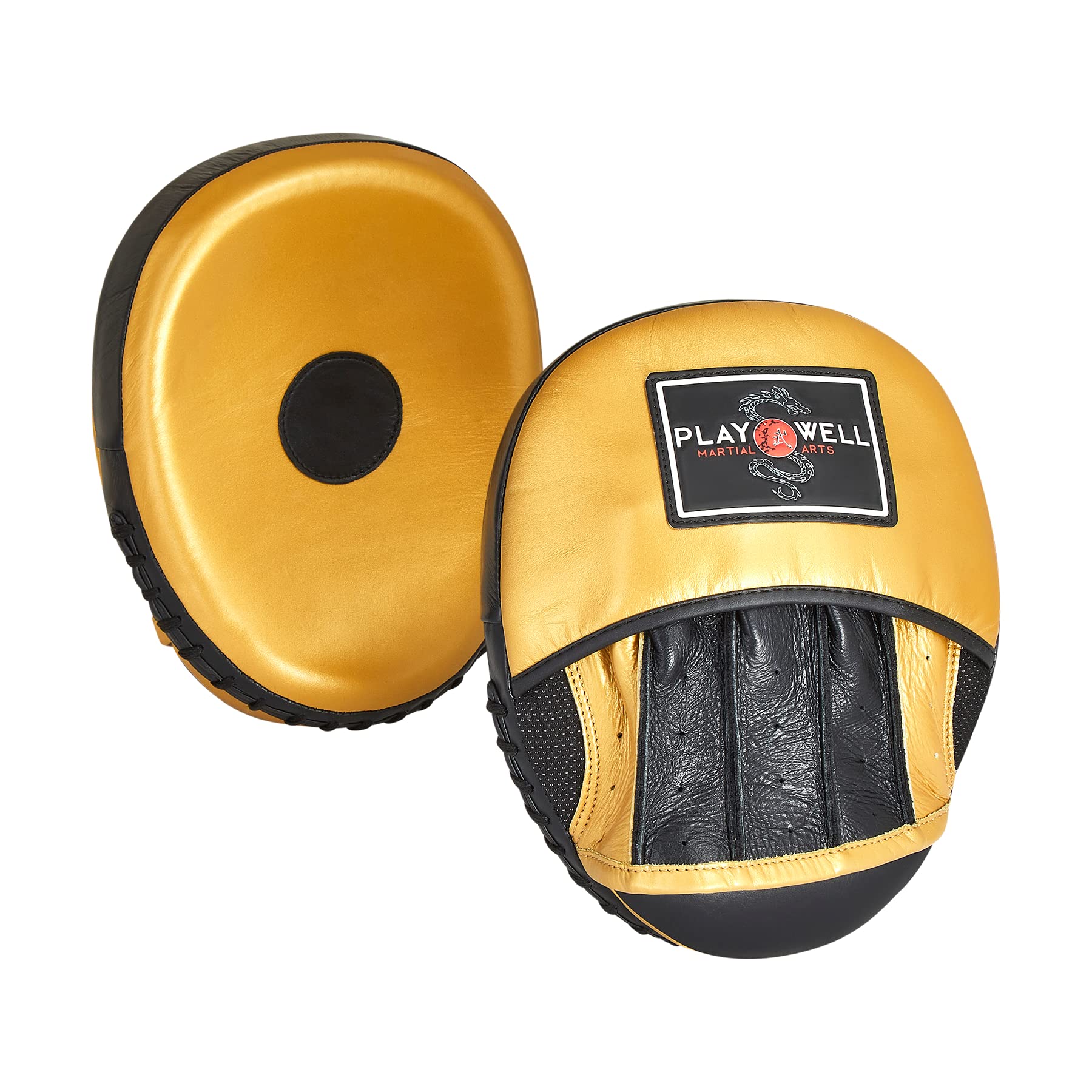 Playwell Premium-Serie: Gold Echtleder Champion Boxing Focus Pads – Schwarz / Gold – Paar