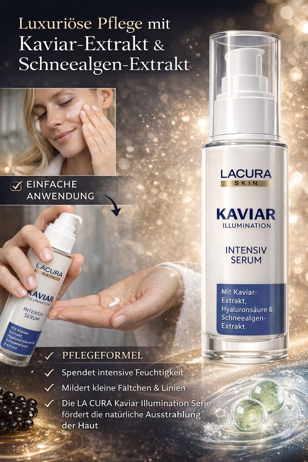 LACURA Kaviar Illumination Intensiv Serum 2x 50ml, Anti-Aging Gesichtsserum mit Kaviarextrakt, Hyaluronsäure und Schneealgen-Extrakt, für Haut ab 40, Feuchtigkeitsspendend