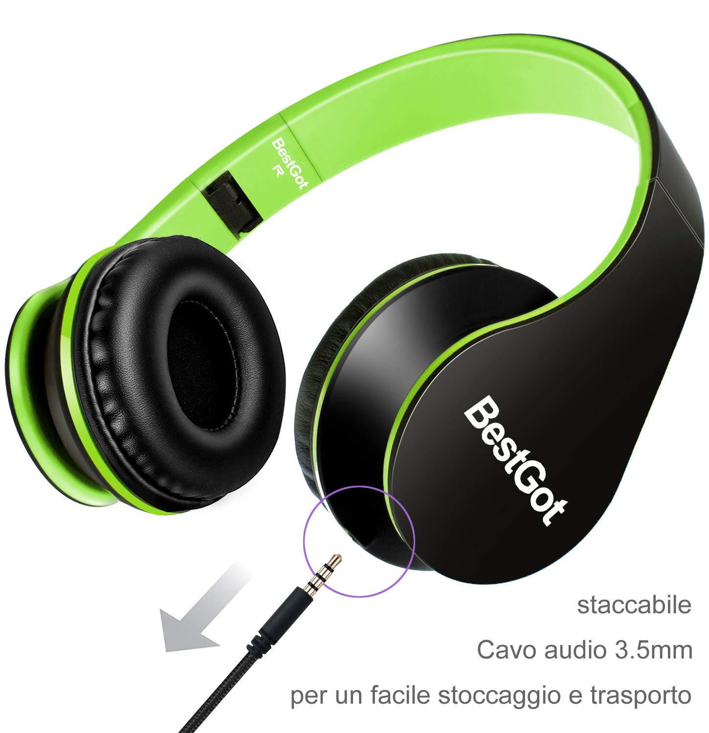 BestGot Cuffie per Bambini per Bambini Ragazzi Adulti con Volume Microfono in Linea per Scuola, Tablet, Smartphone, Cuffie PS4 con Connettore da 3,5 mm Cavo Rimovibile (nero/verde) - 3