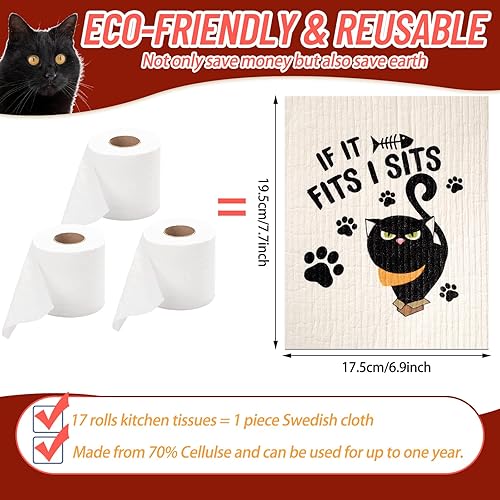 Miniatura 2 de Hoolerry 6 paños de cocina suecos divertidos de gato negro sueco, esponja reutilizable, paños de limpieza suecos, paños de cocina lavables
