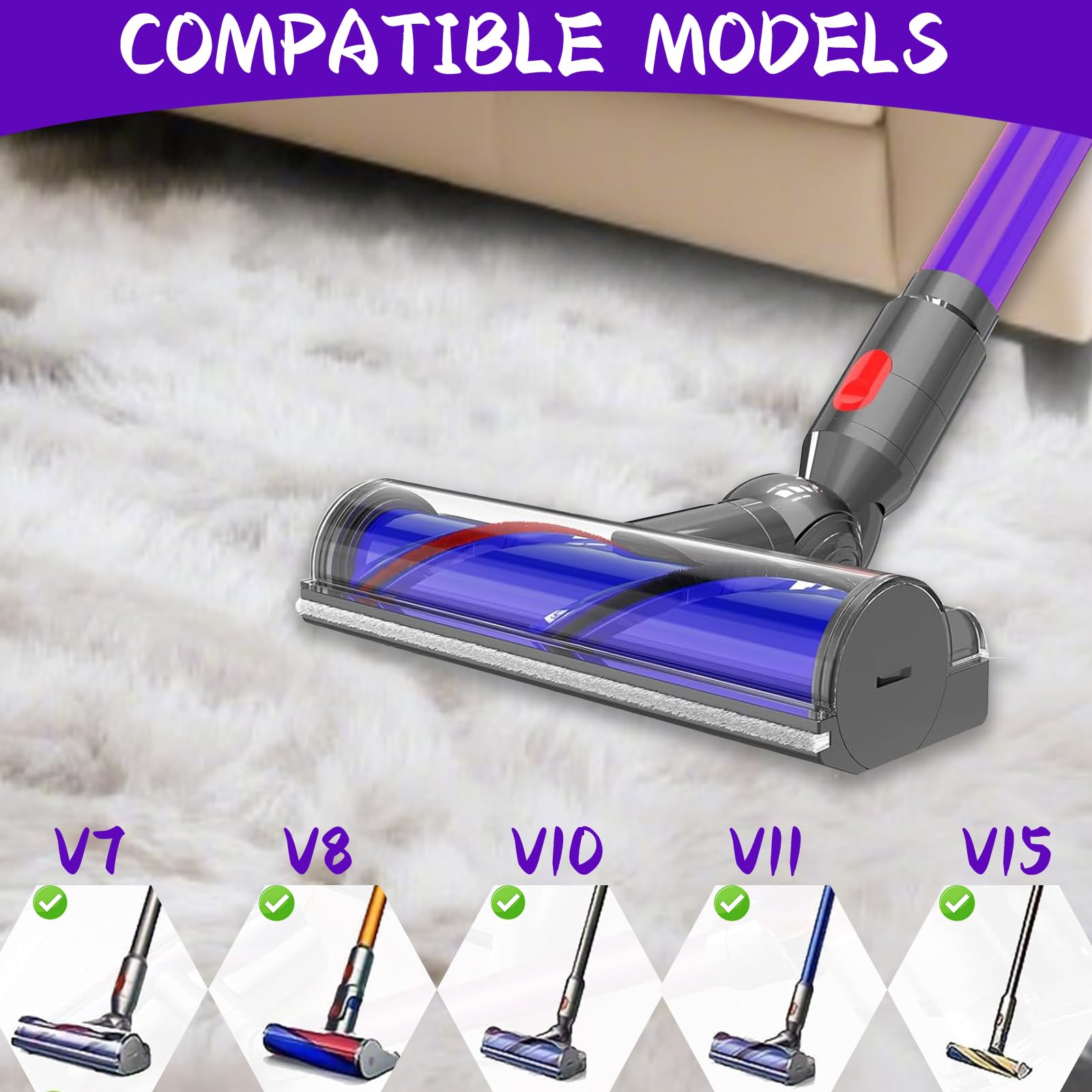 Tête de Brosse pour Dyson V7 V8 V10 V11 V15, Brosse électrique pour Dyson SV10 SV11 SV12 SV14, Pièce de Remplacement pour Brosse à Rouleau, Compatible Tapis & Sols Durs