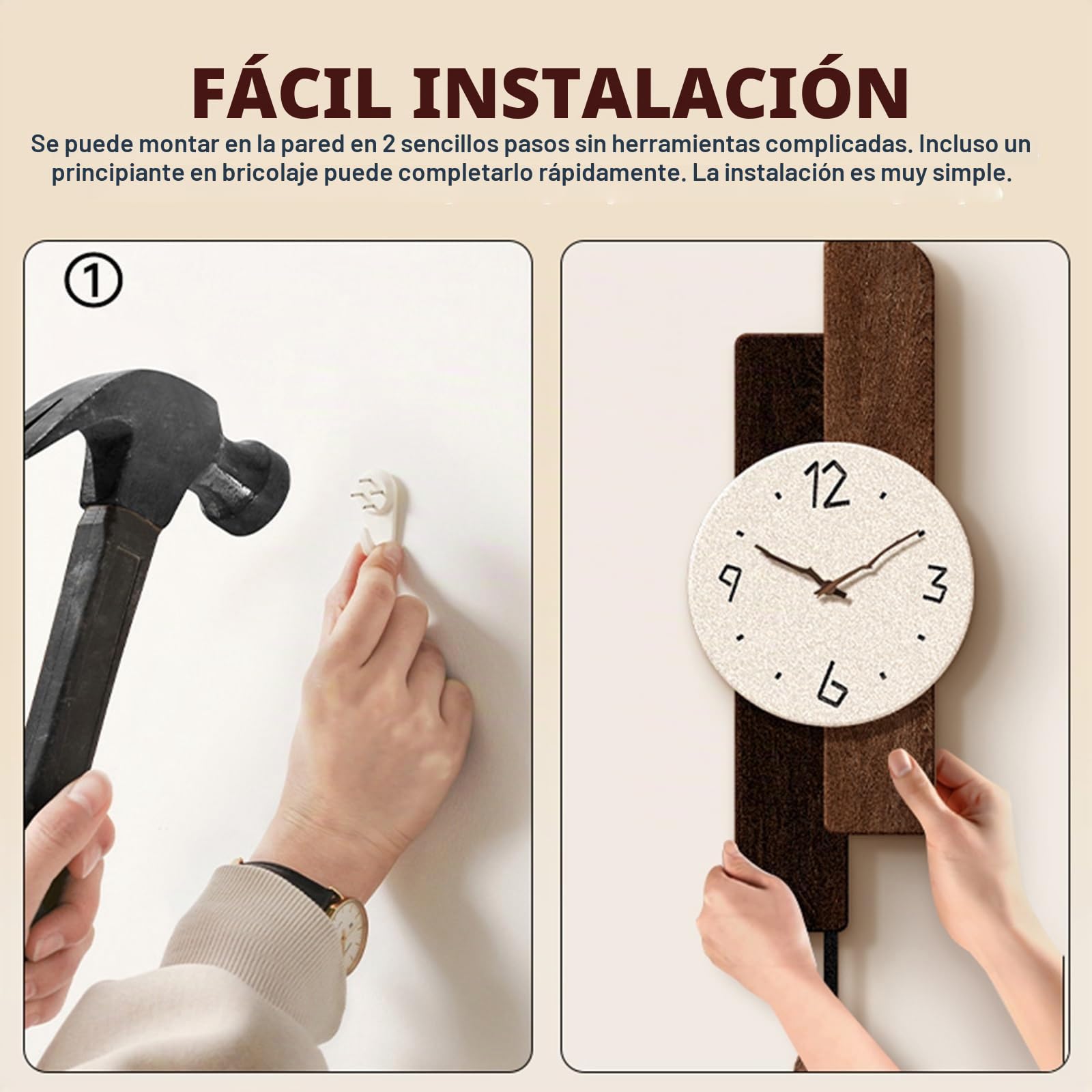 Reloj De Pared Diseño Minimalista Moderno Movimiento Cuarzo Silencioso Sin Tic-TAC, Estilo con Péndulo, Acabado En Arenisca Y Manecillas De Madera, para Hogar, Salón, Dormitorio Y Oficina