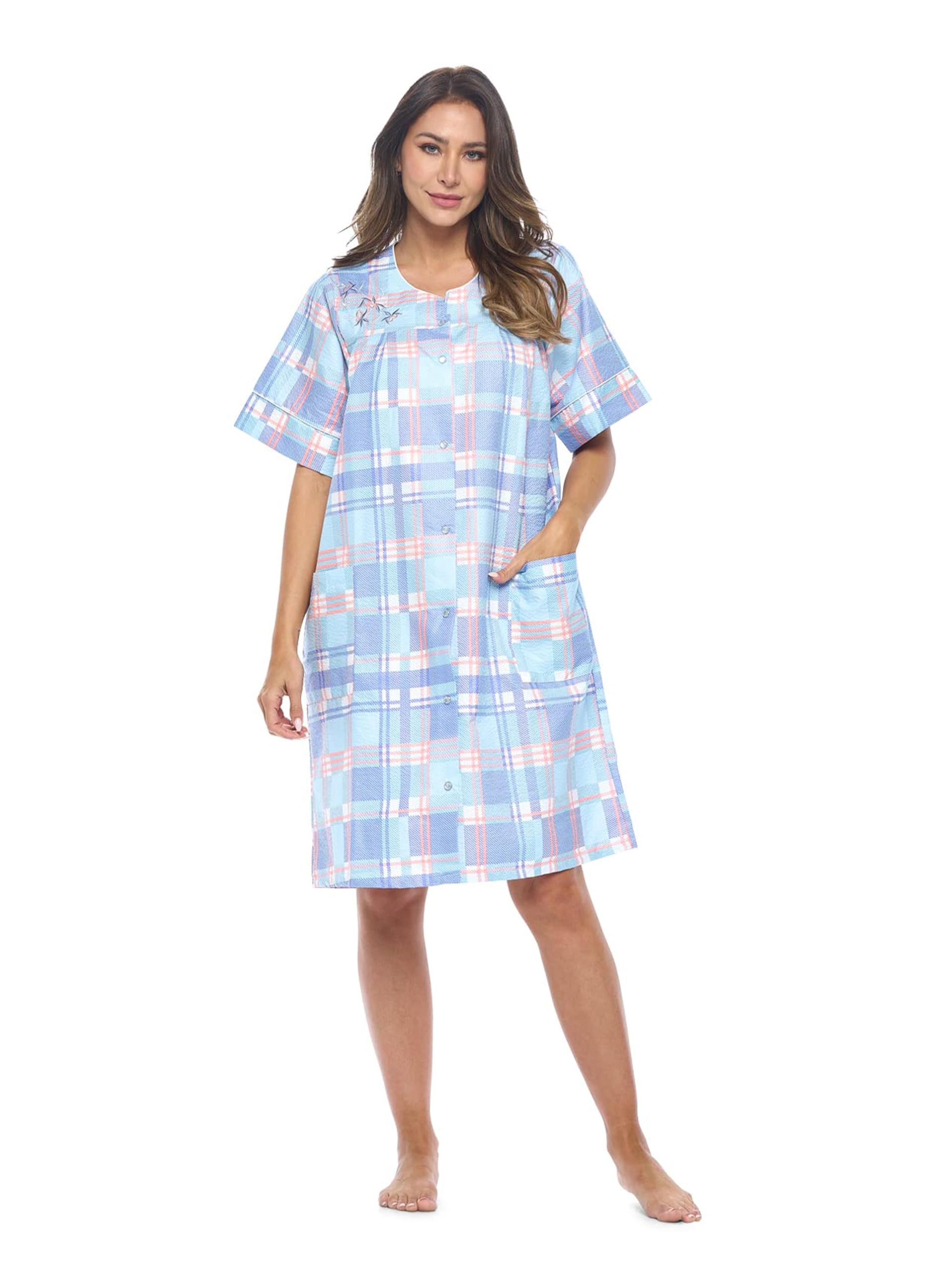 Casual Nights Women's Snap - Front House Dress Short Sleeve Woven Housecoat Duster Lounger Robe with Pockets