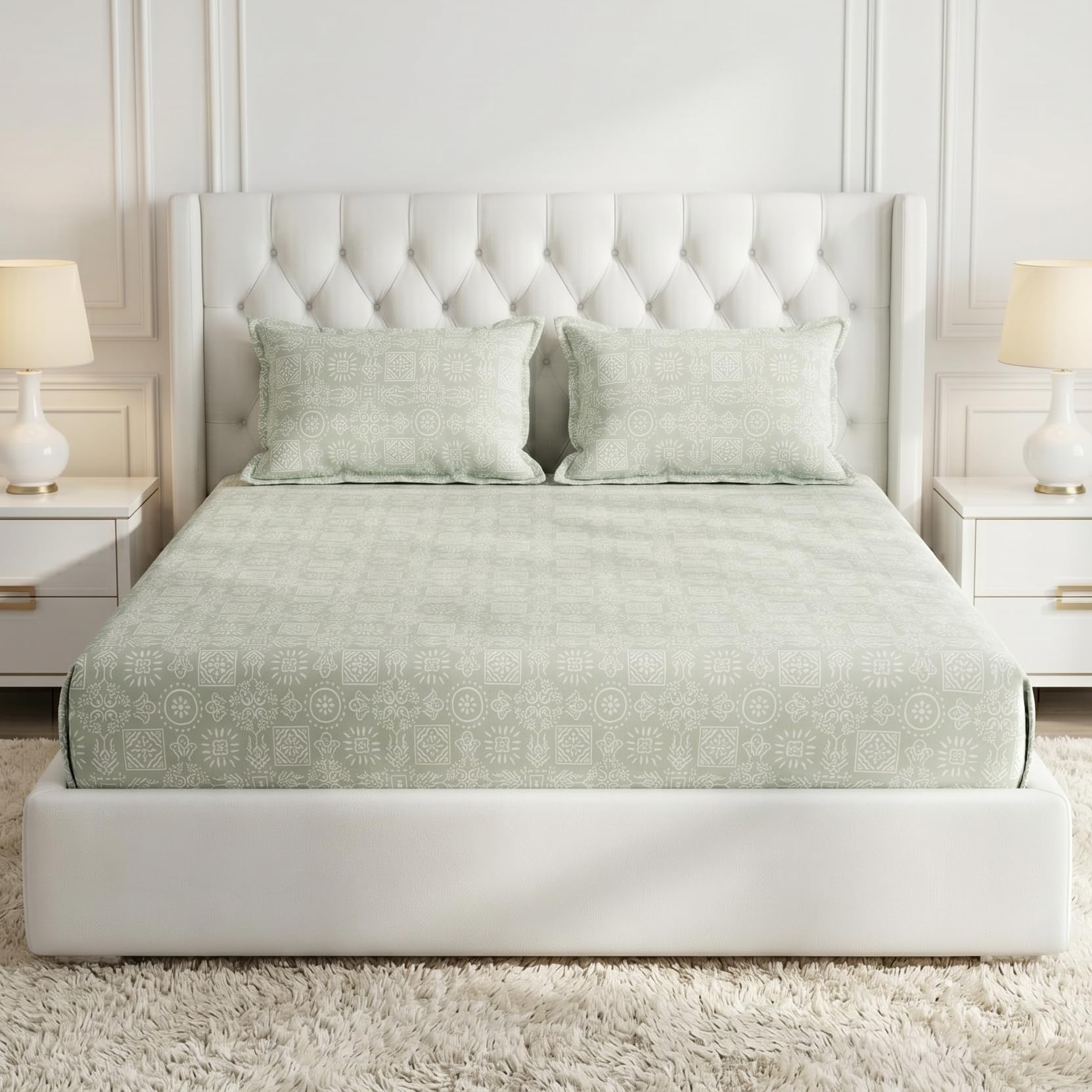 Monte Carlo Suprema King Size Bedsheet with 2 Pillow Covers | 210 TC Cotton Bedsheet | Soft & Breathable Bed Linen | Abstract Print | King Bedsheet 106 x 108 inches | Green-picture-12
