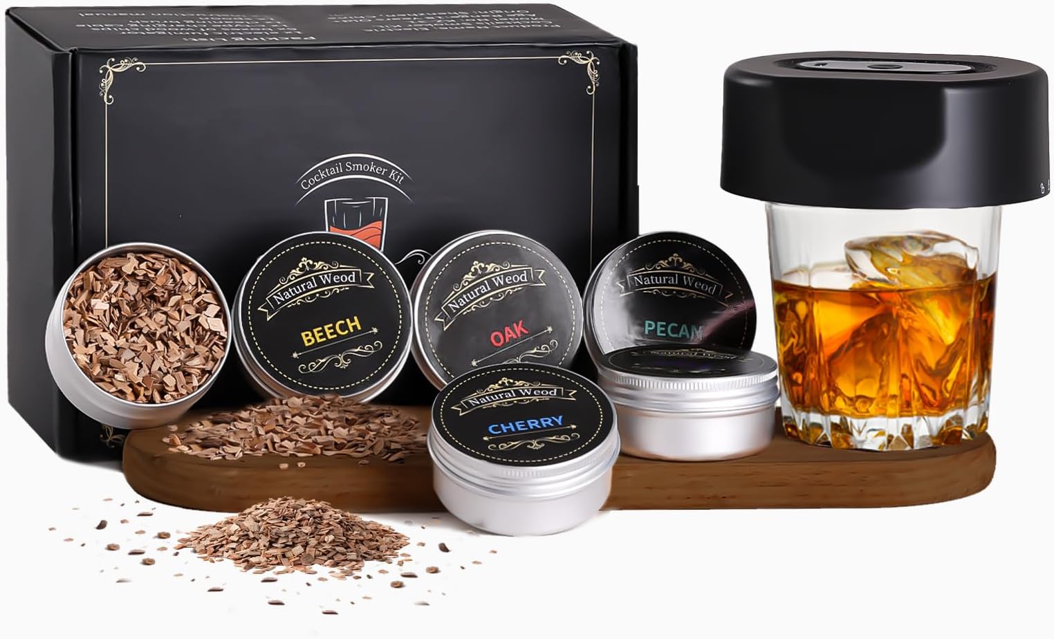 Electric Whiskey Smoker Kit, Built-in Lighter, No Butane Needed, Old Fashioned Drink Smoker Kit with 6 Wood Chips, Bourbon Whiskey Gifts for Men, Rechargeable Cocktail Smoker Kit