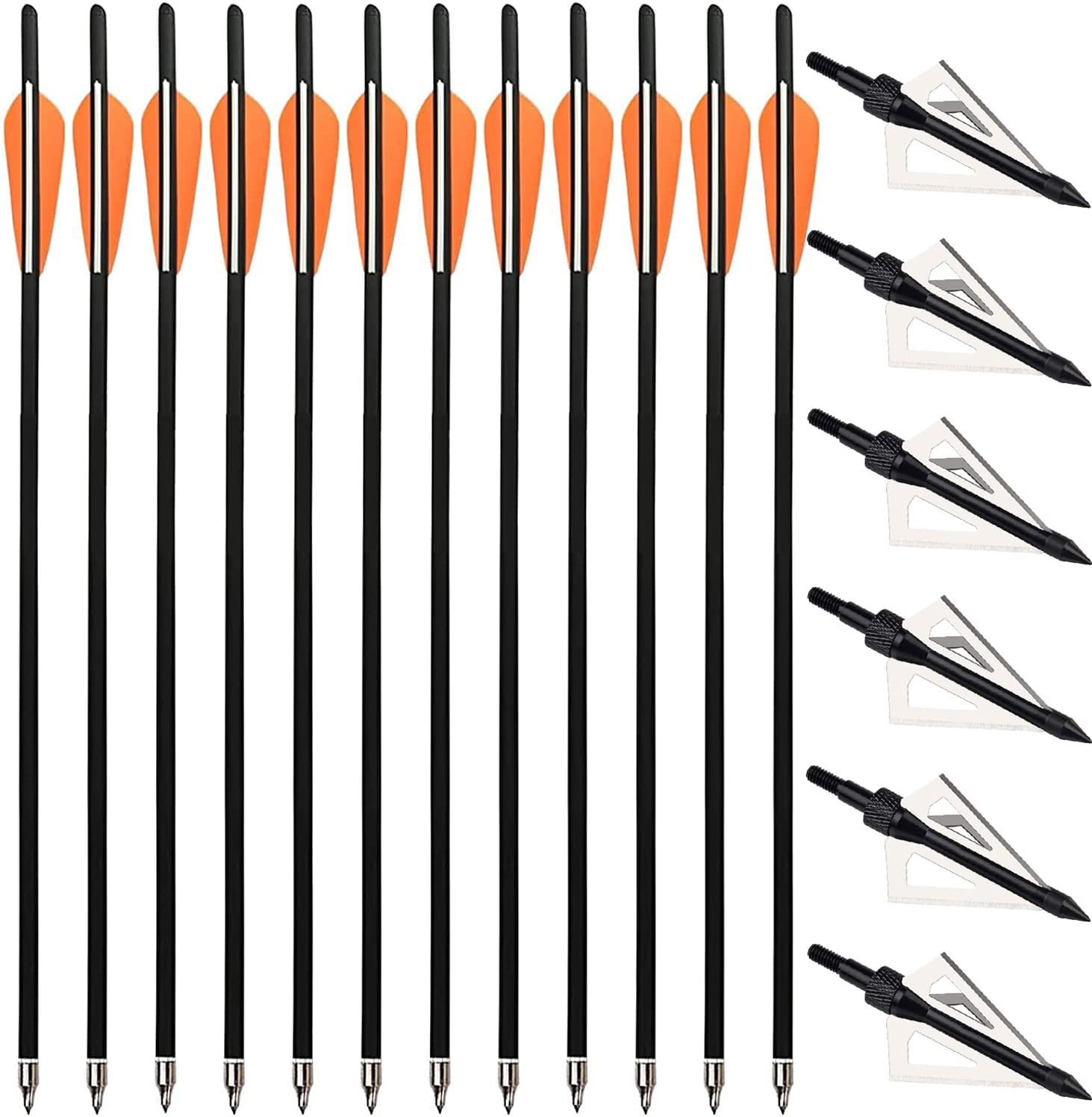 PMSM 12 Stück 20 Zoll Armbrustbolzen Carbon Armbrustpfeile und 6 Stück Armbrust Jagdspitzen kit,Armbrust Jagdpfeil mit 4 "Flügel und ersetzte Pfeilspitzen (20 Zoll Orange und Schwarz)