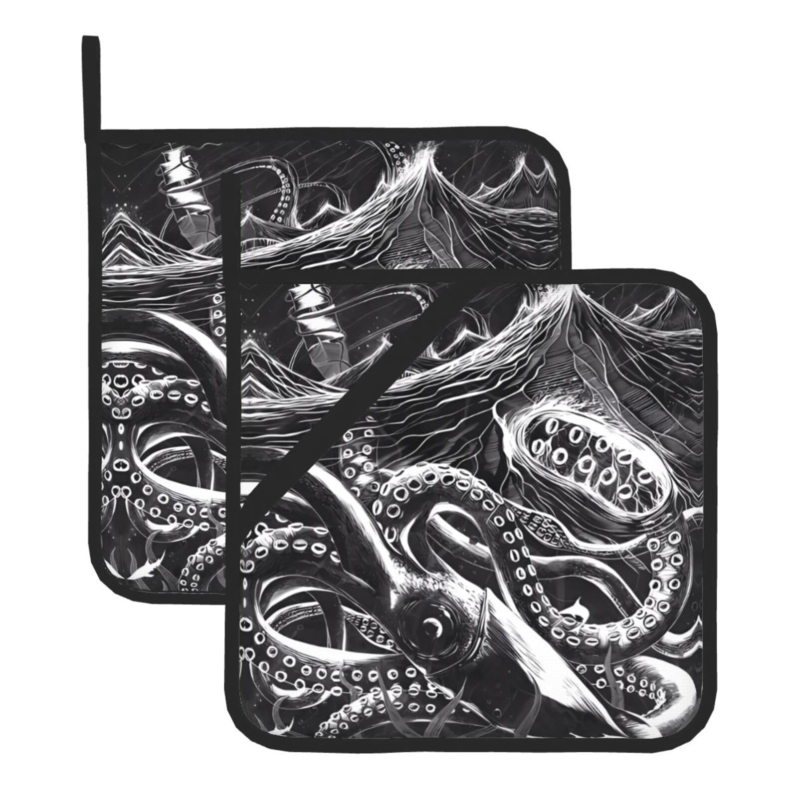 WHJDPP ocean scratchboard art Prints Square Hot Pads for Kitchen - Waterproof Pot Holders Set of 2, Durable Trivets with Pocket & Hanging Loop for Hot Dishes & Oven Use