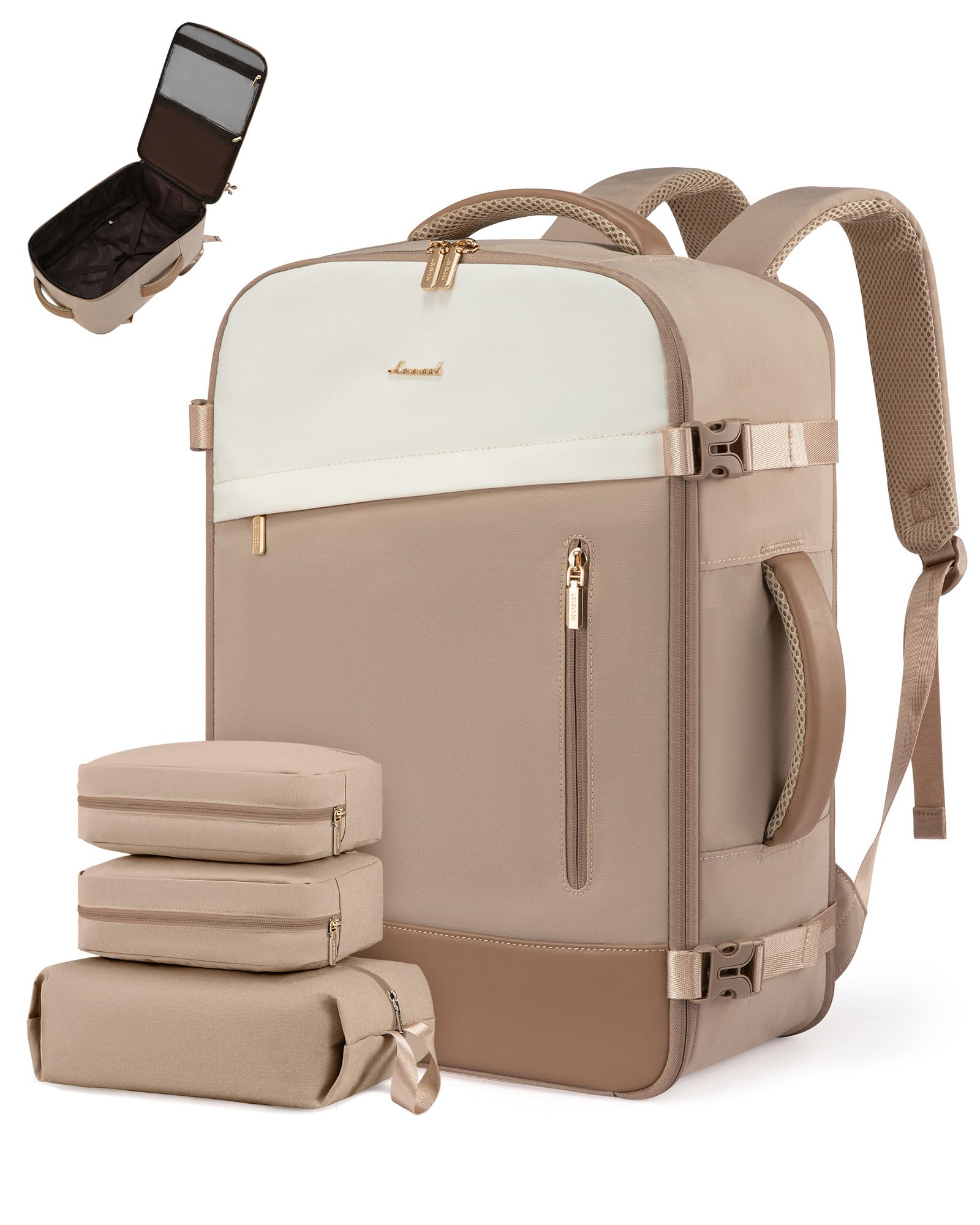 LOVEVOOK Handgepäck Rucksack 50L, 18 Zoll Groß Reiserucksack für Damen, Erweiterbares Design, Rucksack Handgepäck Flugzeug, Travel Backpack als Cabin Bag für Reise und Business, Khaki