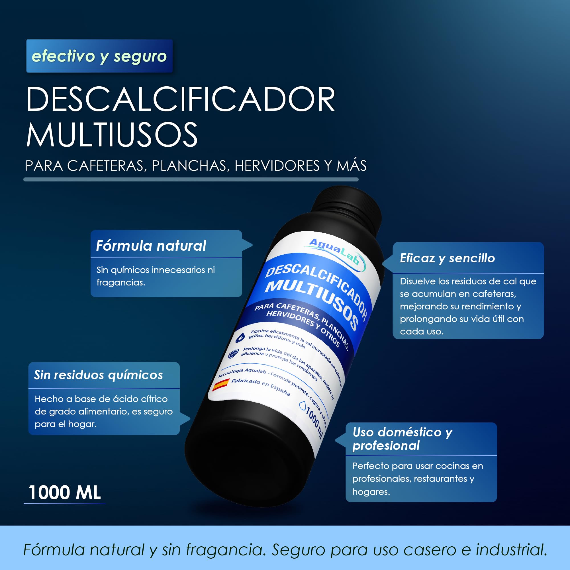 Descalcificador Cafetera 1L Liquido Antical Compatible con Delonghi Nespresso Dolce Gusto Krups Philips Cecotec Limpieza Cafetera Elimina Cal Formula Natural con Acido Citrico | AGUALAB
