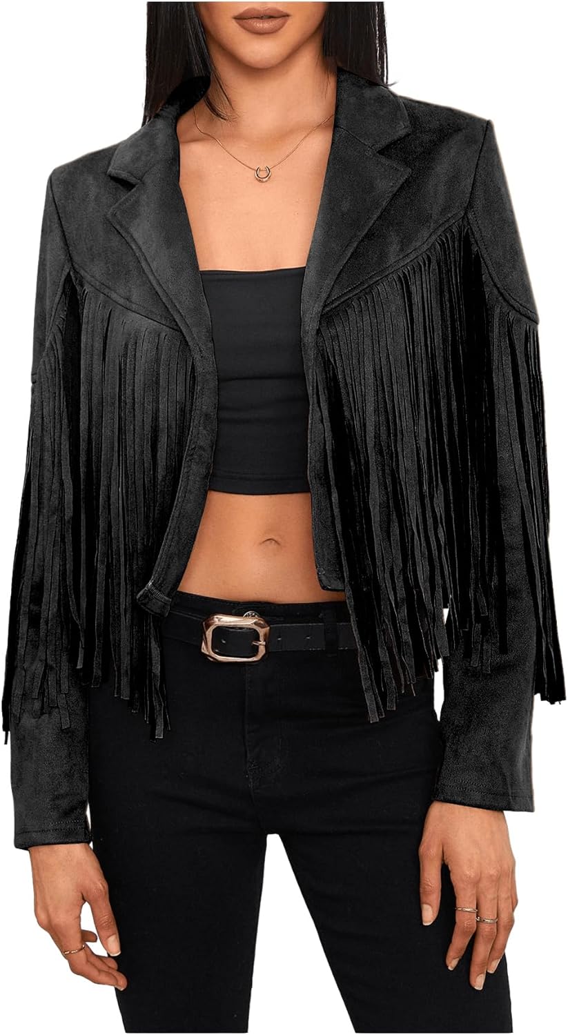 MakeMeChic Women's Faux Suede Tassel Jacket Button Down Fringe Jacket Outerwear