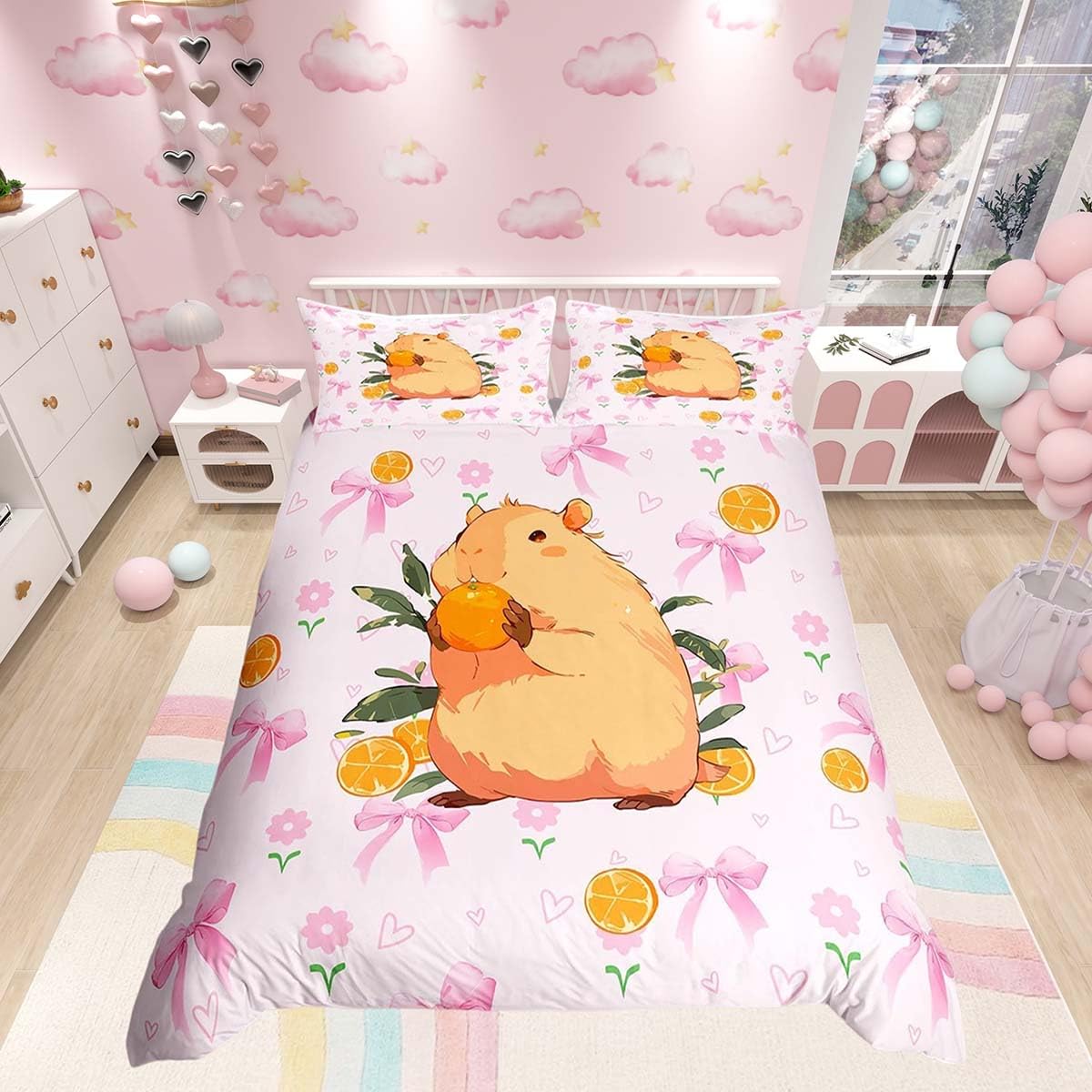 Homemissing Cutes Capybara Bowknot Duvet Cover Set Double Size For Kids Boys Girls Pink Bow Bedding Set Floral Orange Bow Duvet Cover with 2 Pillowcases Capybara Gifts Bedding — image 1