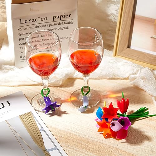 Miniatura 5 de 12 piezas de dijes florales de vino, marcadores de bebida de lirio de cala, tulipán, marcador de vino de silicona para identificación, cóctel,
