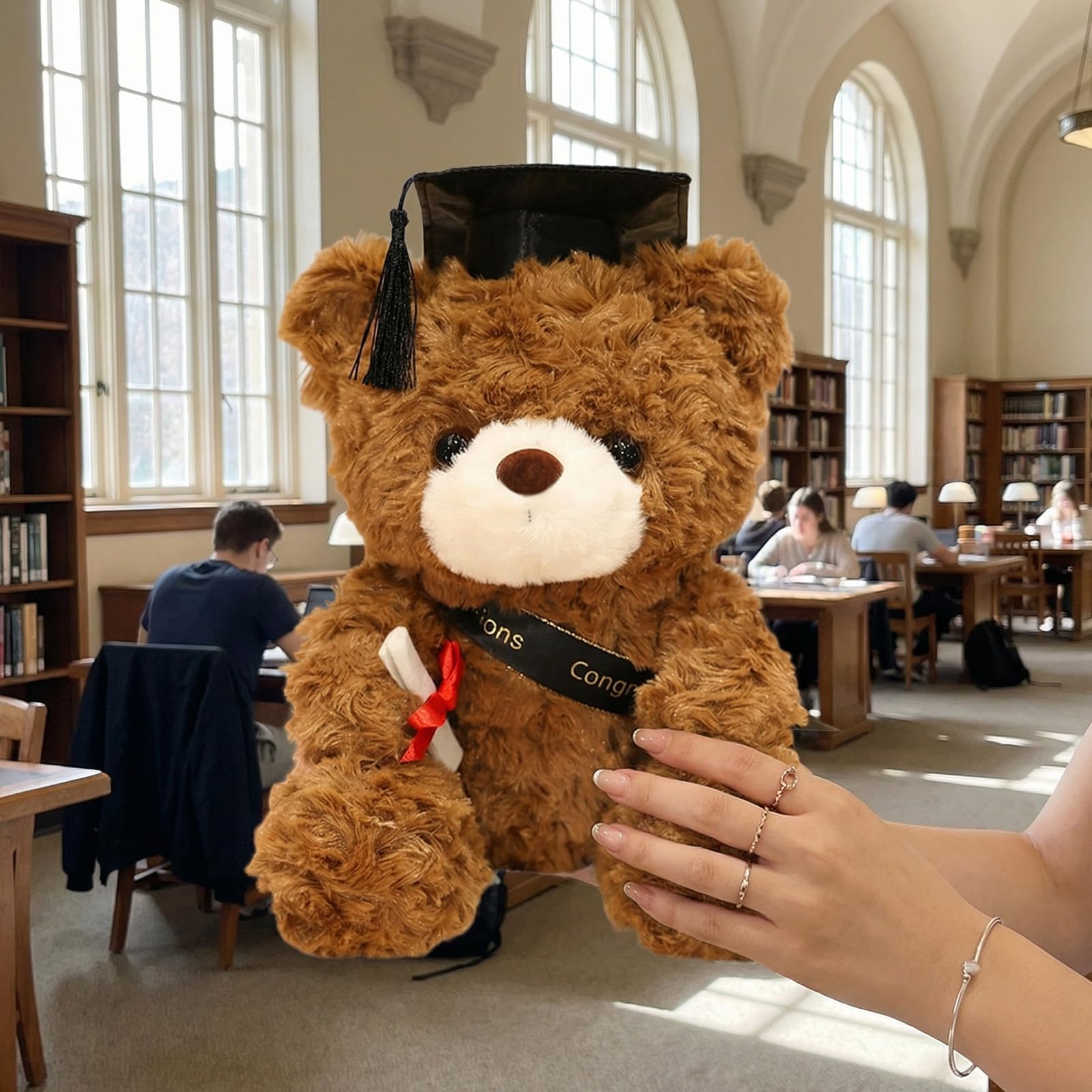 Oso de peluche de graduación con sombrero de doctorado, osito de graduación, regalo de graduación, 23 cm, amuleto de la suerte para graduación (marrón - negro)